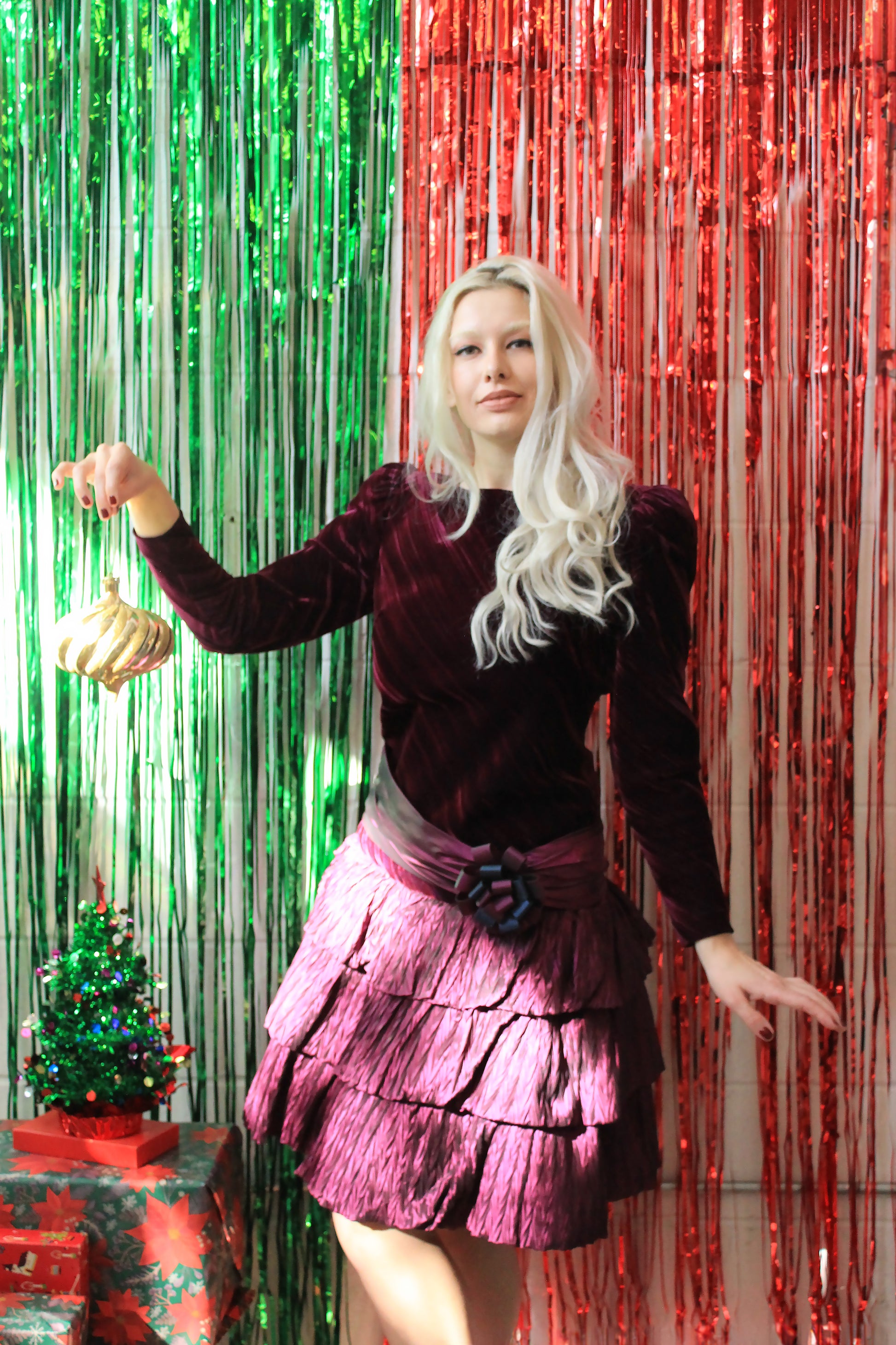 Vintage 1980s Purple Velvet and Taffeta Long Sleeve Tiered Dress, Small 