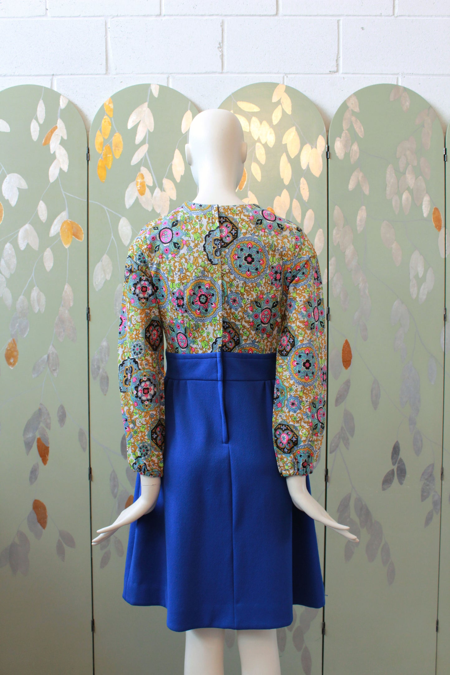 Vintage 1970s Psychedelic Royal Blue Empire Waist Dress, Small