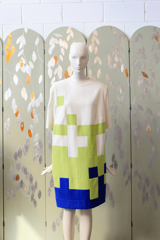 1980s Green and Blue Geometric Colour Block Shift Dress, Medium