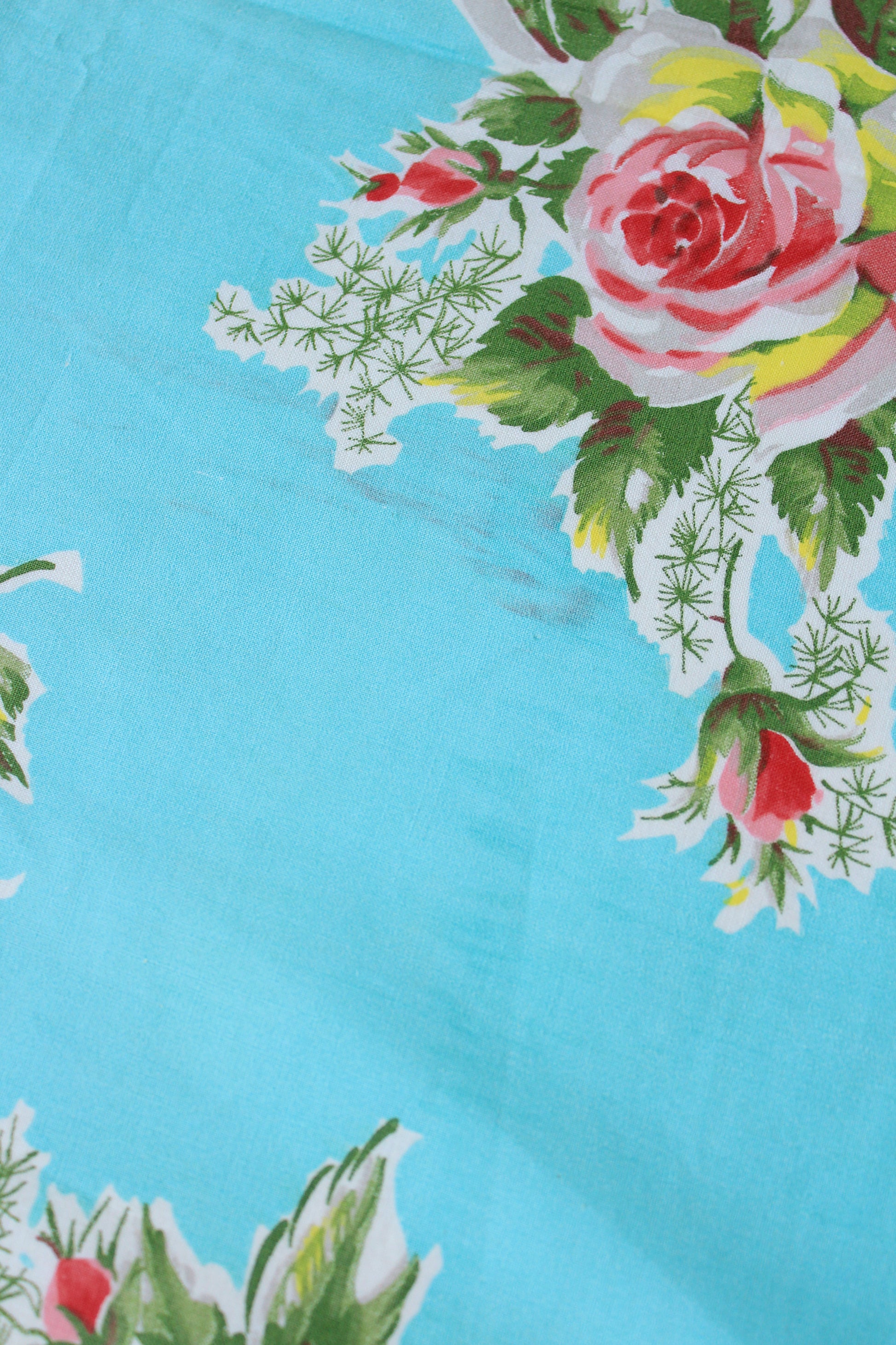 1950s Bright Blue And Romantic Illustrated Floral Cotton Fabric, 3.9 Yards