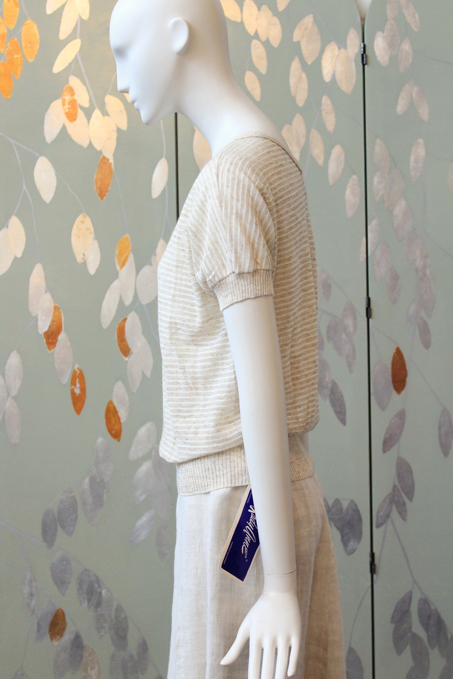 1980s Cream And White  Deadstock Short Sleeve Knit Top With Pin stripes, Medium