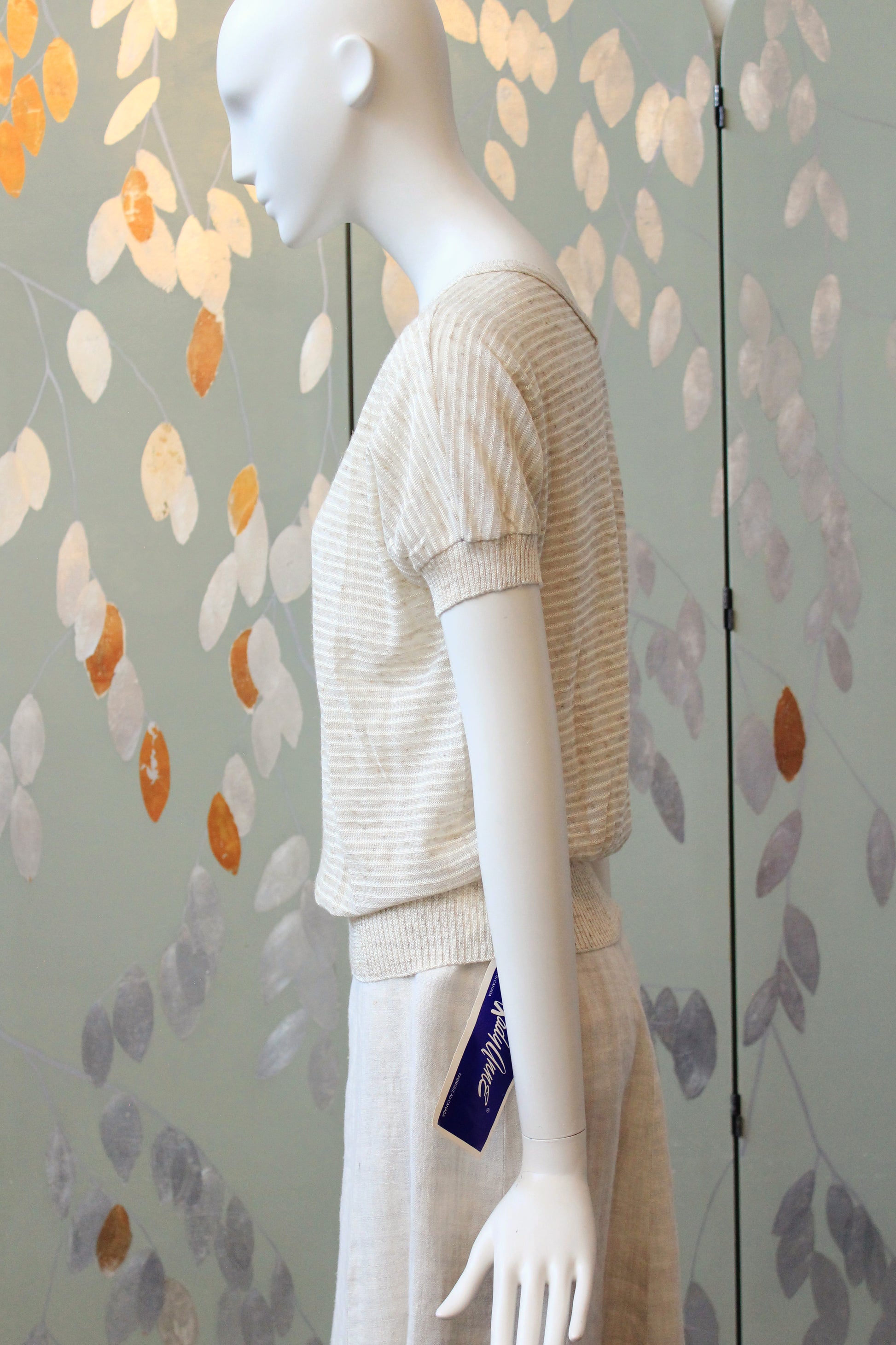 1980s Cream And White  Deadstock Short Sleeve Knit Top With Pin stripes, Medium