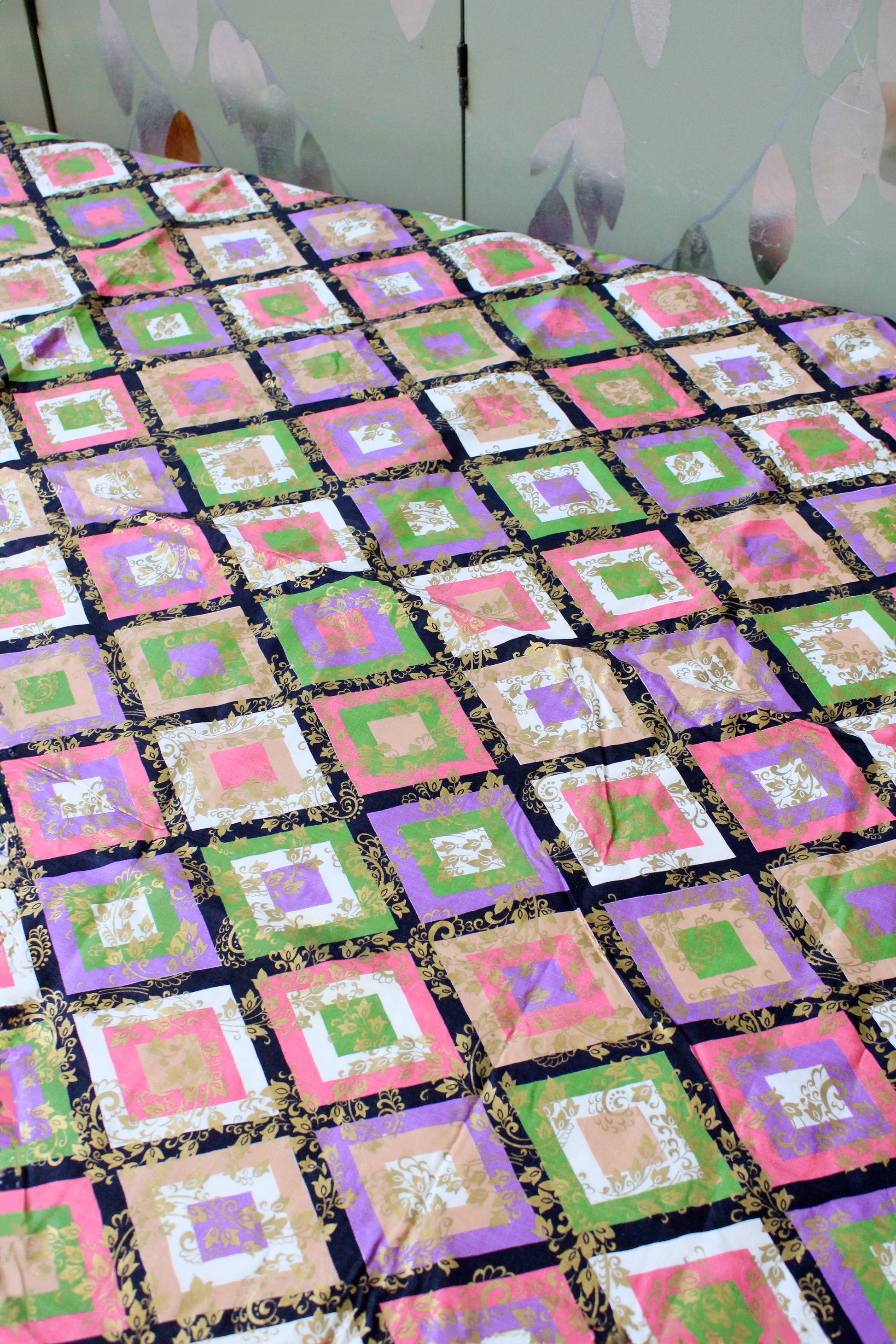 1960s Colourful Geometric Diamond Print Fabric Pink/Green/Purple, 1.6 Yards / 4.1 Yards