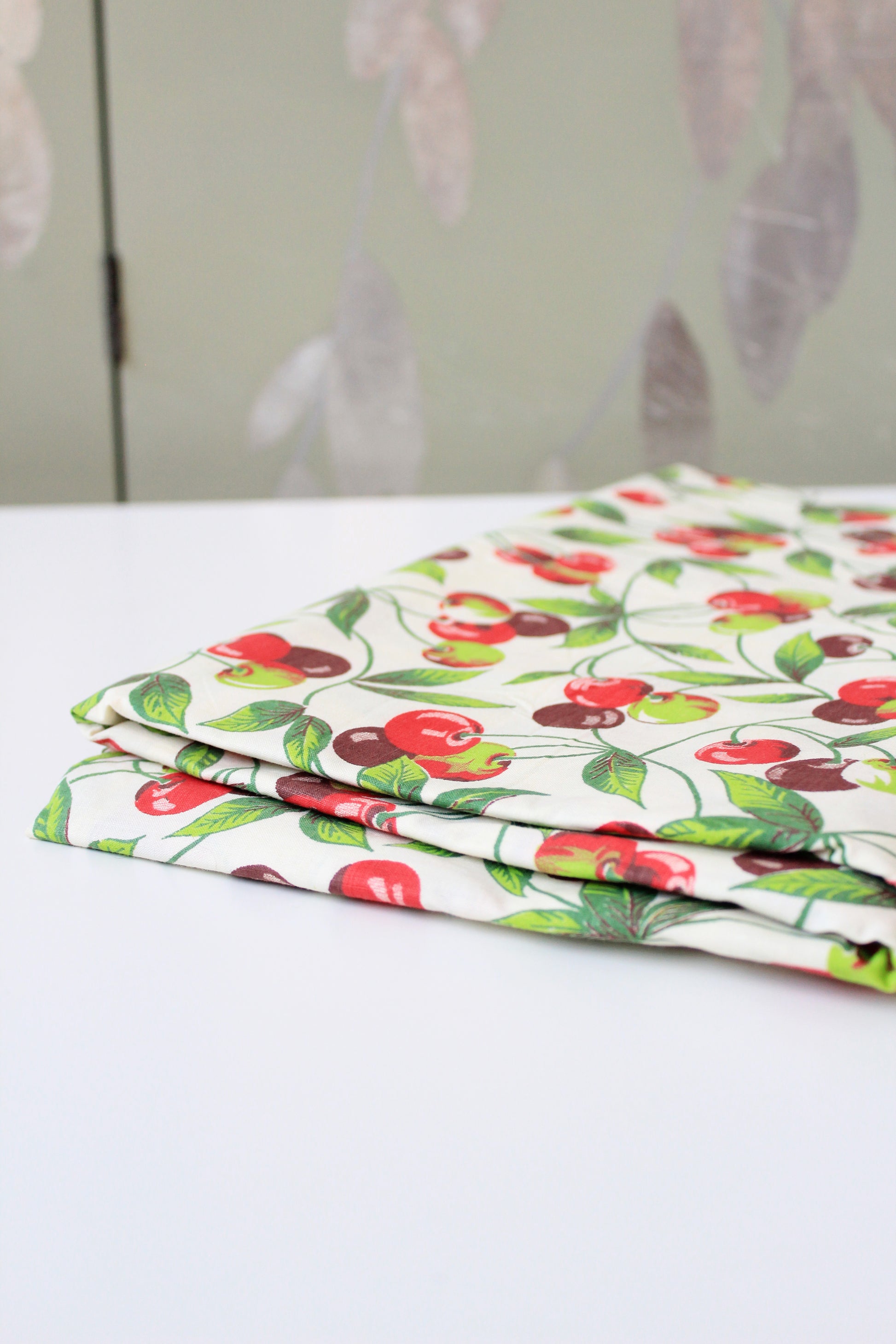 1950s Novelty Red And Burgundy Cherry Fruit Print Cotton Vintage Fabric, 5.1 Yards