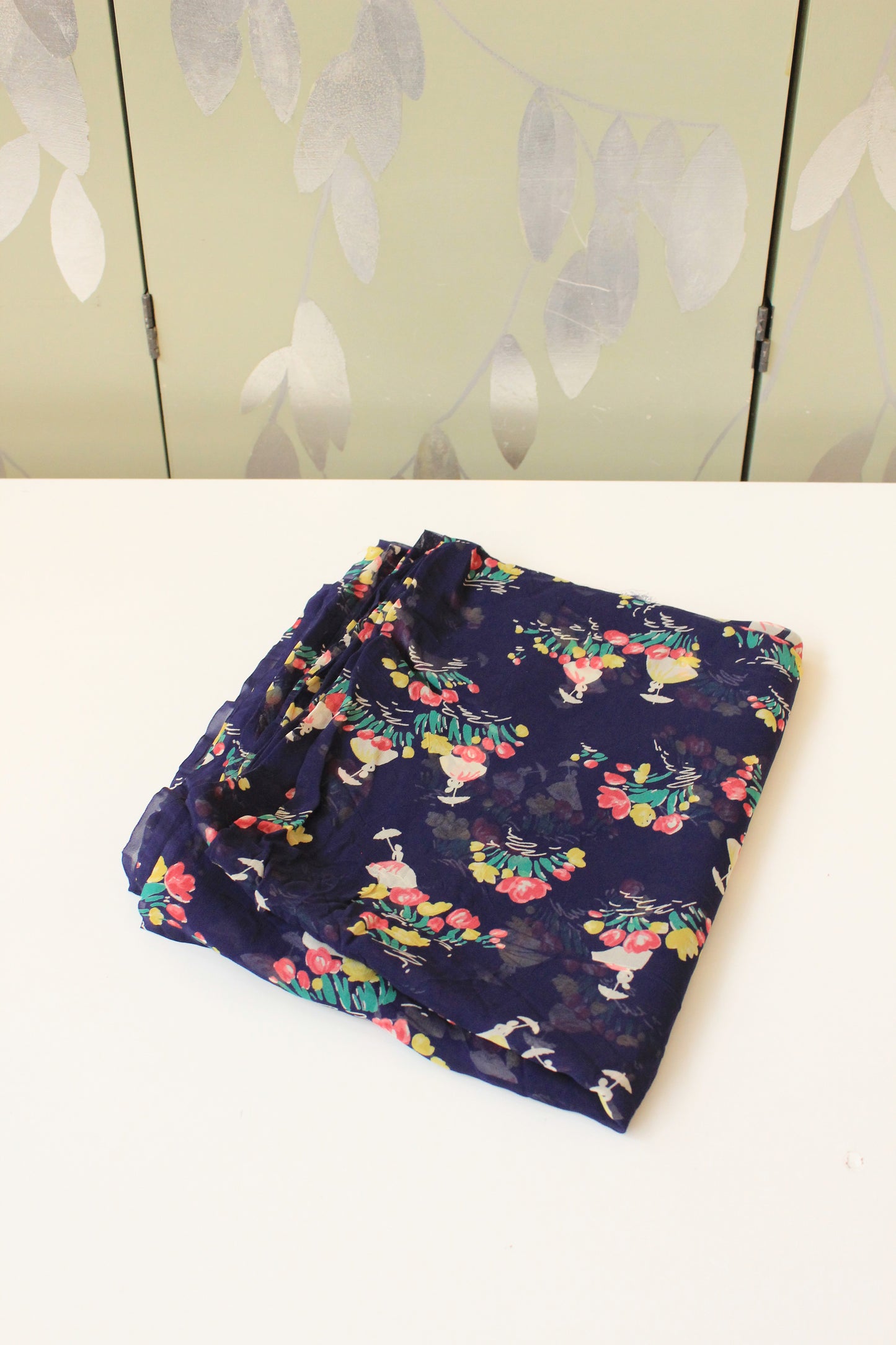 1940s Blue Sheer Fabric With Tulips And Victorian Ladies, Rayon Fabric, 3.8 Yards