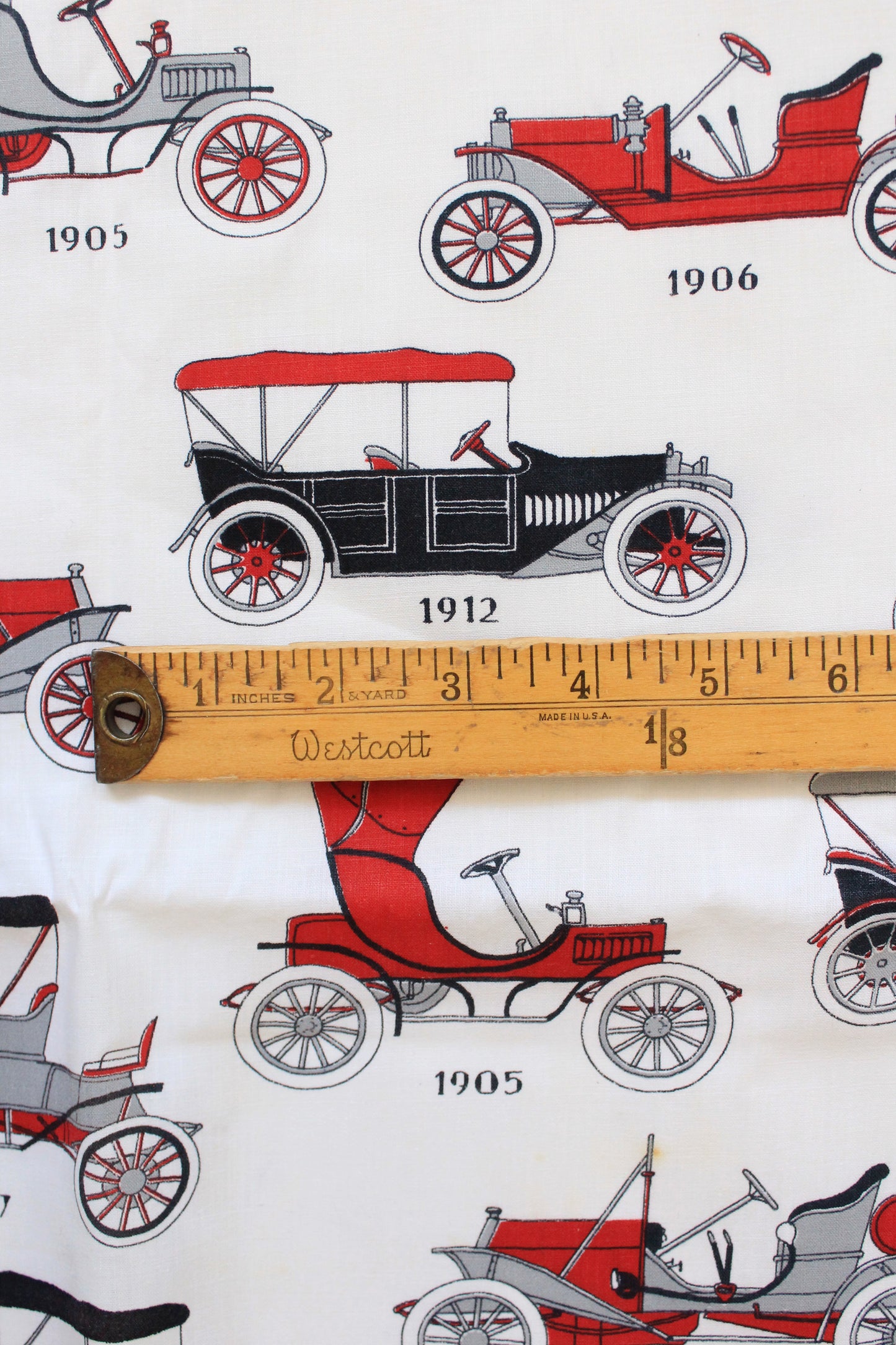 1950s/60s Novelty Antique Car Cotton Sewing Fabric In Red/Black/White, 4 Yards