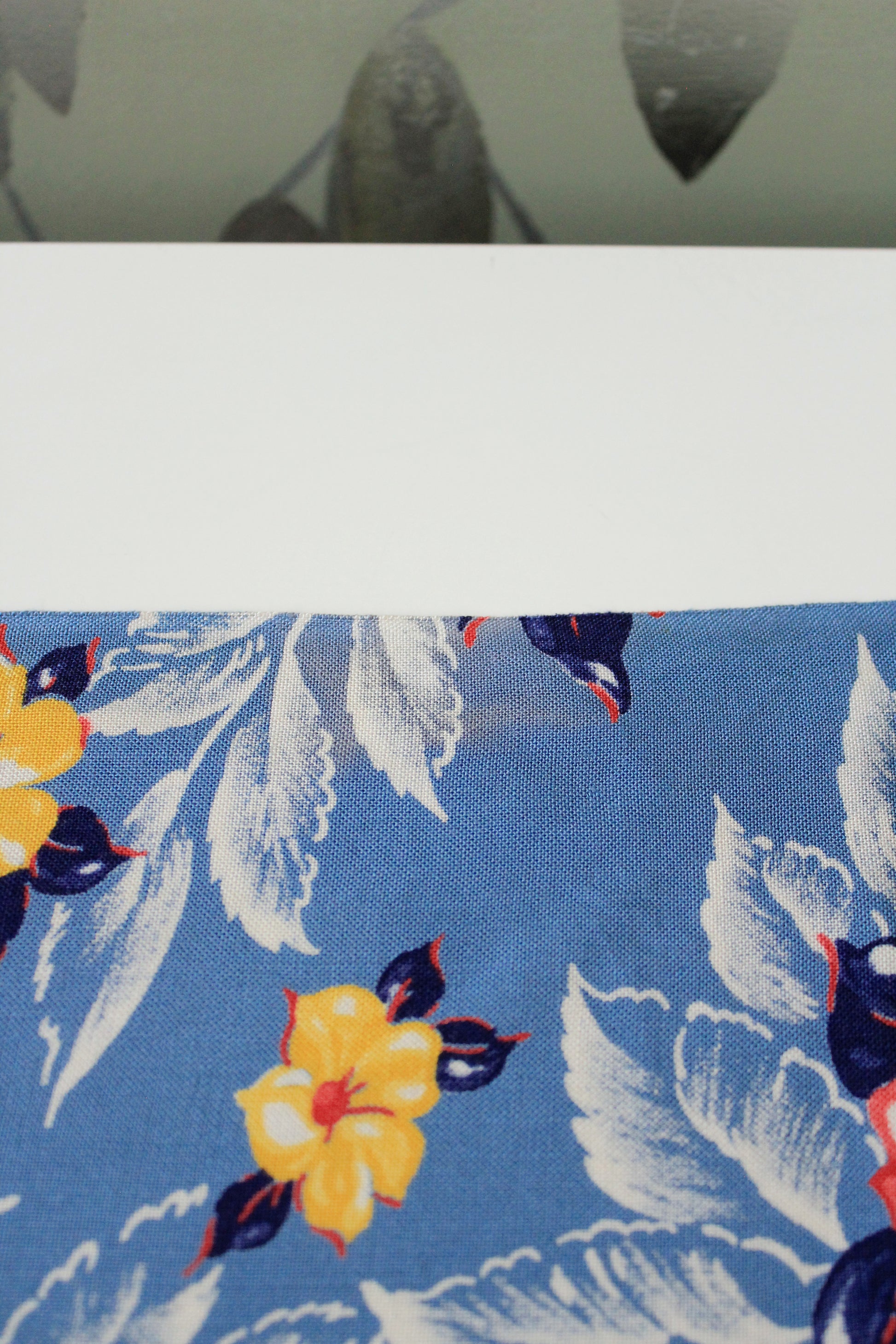 1940s Light Blue Rayon Fabric With Red And Yellow Tropical Flowers, 6.5 Yards