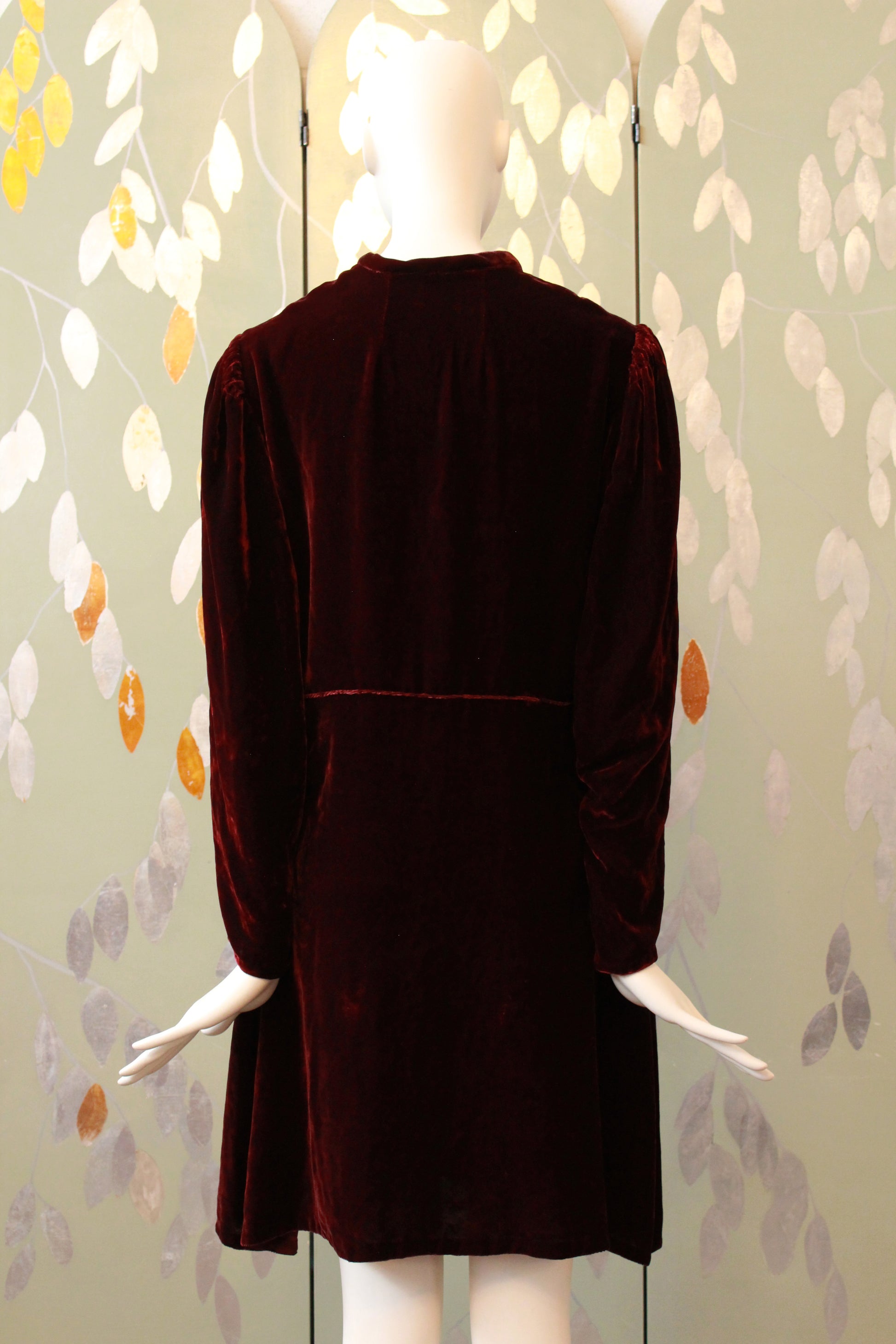 Vintage Late 1930-Early 1940s Deep Red Maroon Velvet Dress, L-XL