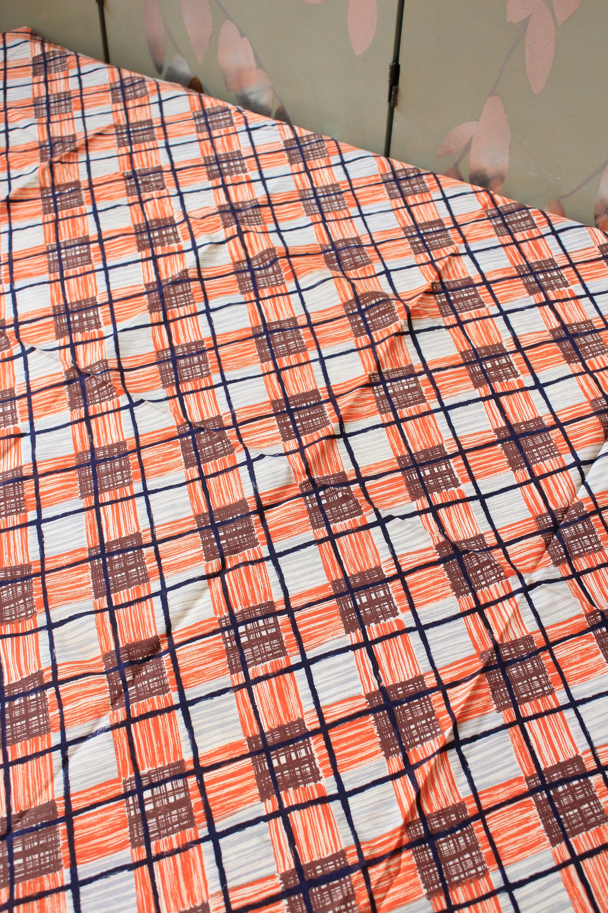 1940s Orange and Brown Plaid Cotton Sewing  Fabric, 3.5 Yards