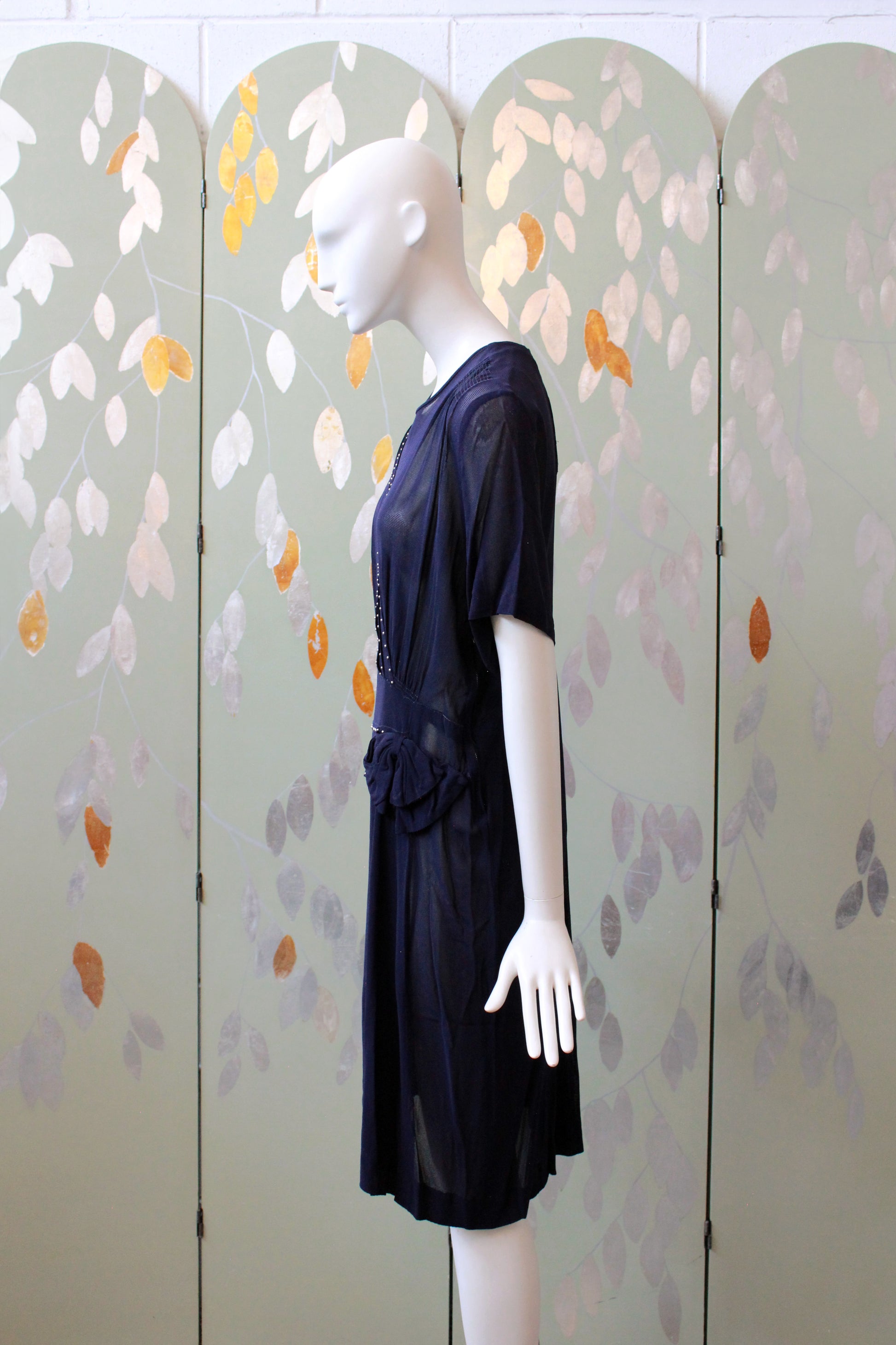 1940s Navy Blue Sheer Net Dress With Bow And Round Studs, Medium