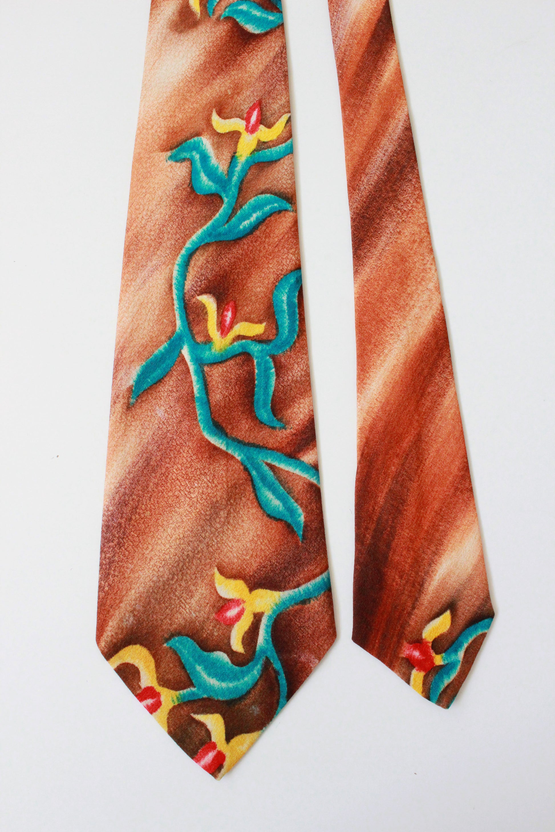 Vintage 1950s Hand Painted Orange Tie with Teal Vines