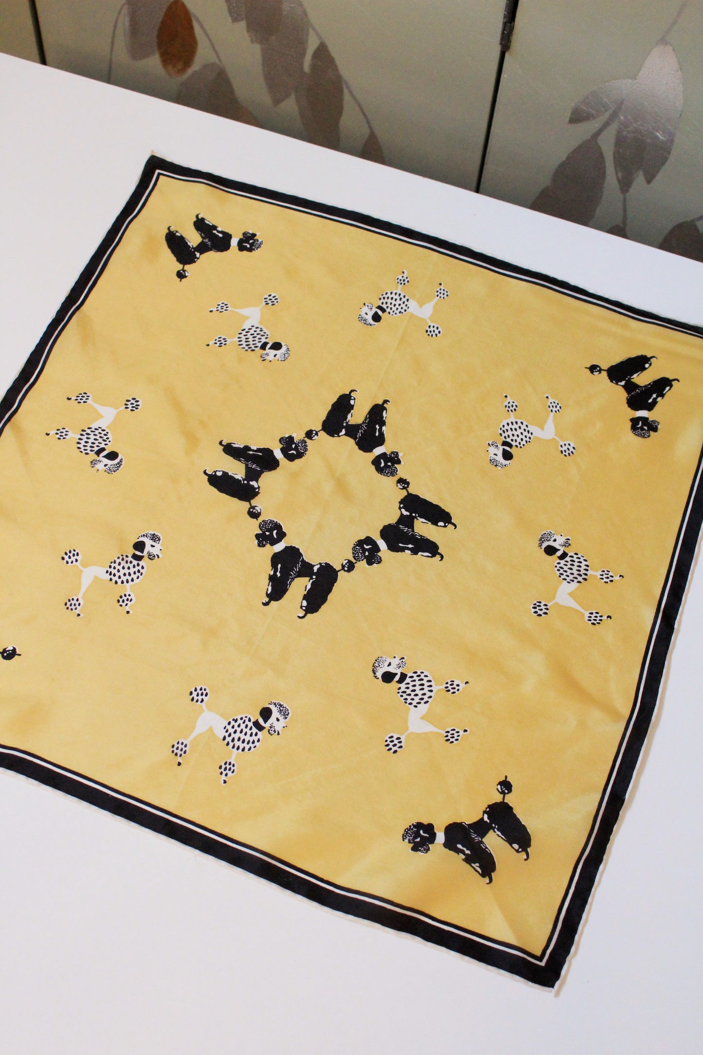 1960s Yellow Black And White Poodle Silk Pocket Square