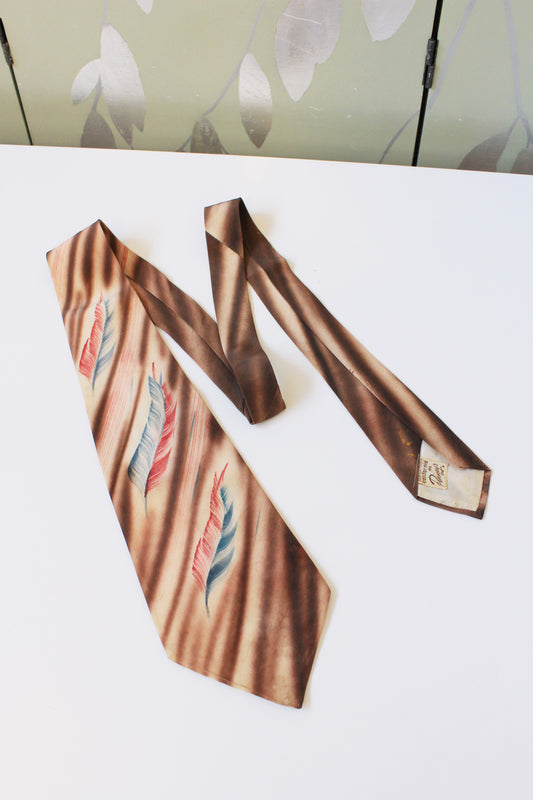 Vintage 1950s Brown/Burgundy/Blue Leaf Hand-Painted Tie