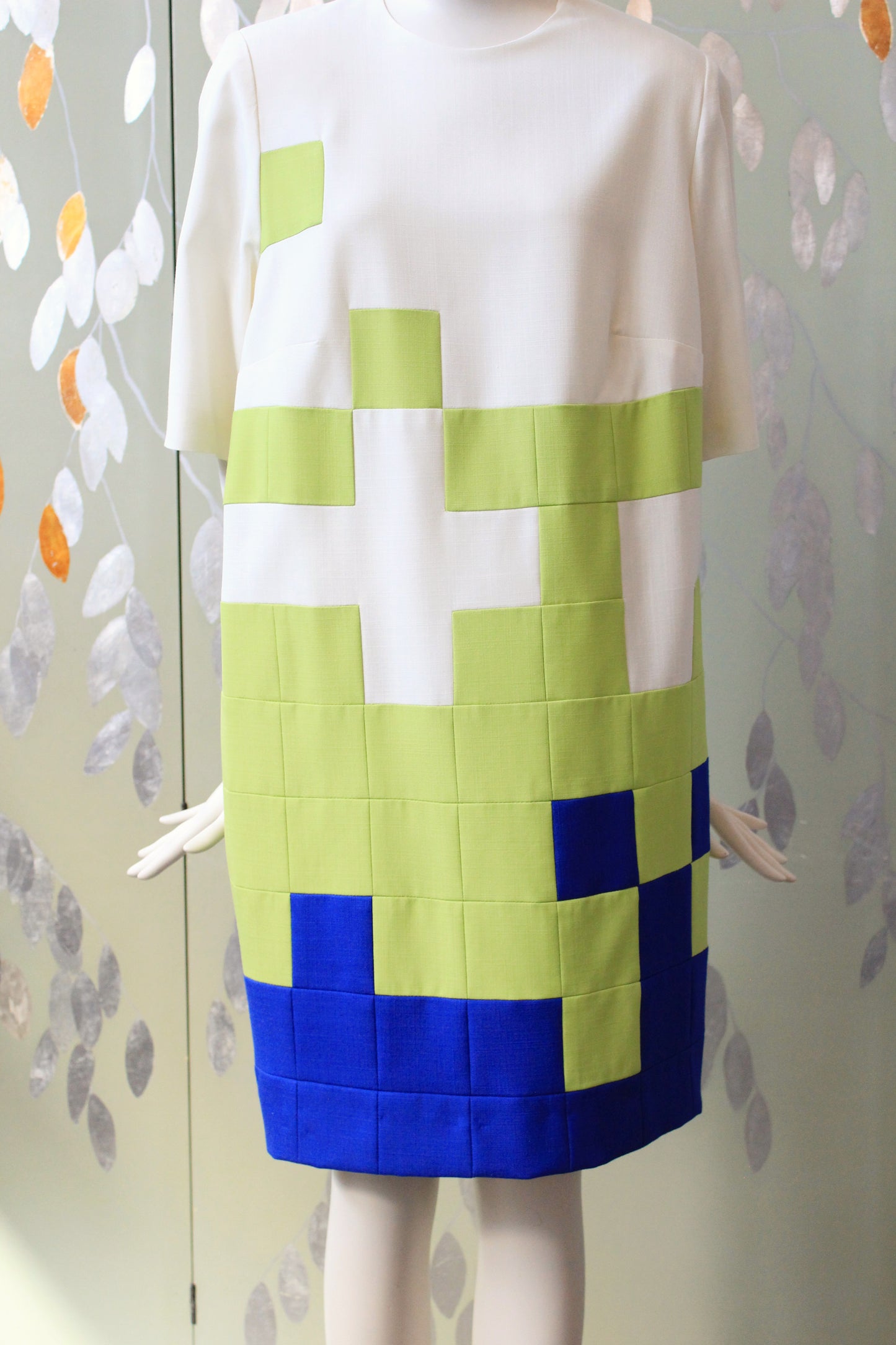 1980s Green and Blue Geometric Colour Block Shift Dress, Medium