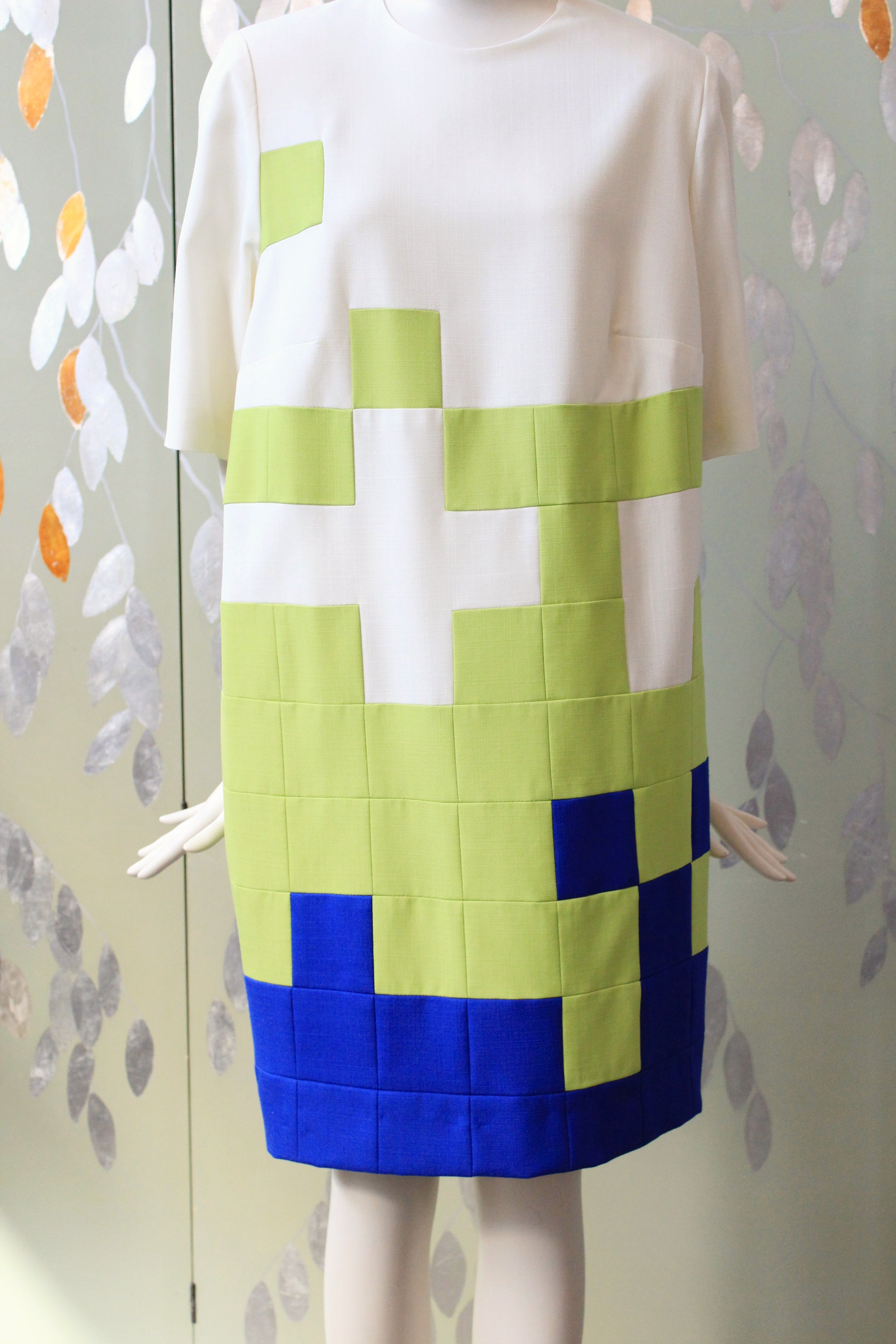 1980s Green and Blue Geometric Colour Block Shift Dress, Medium