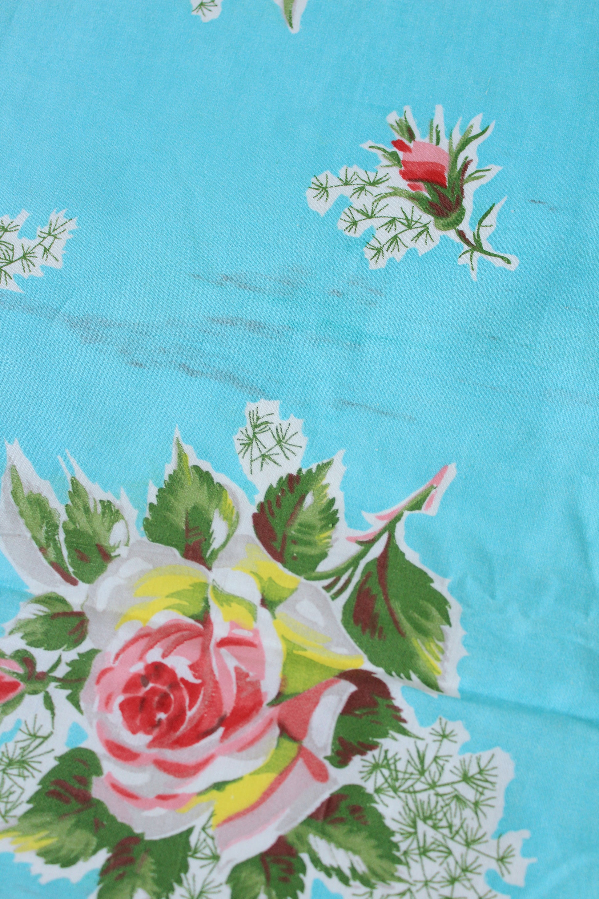 1950s Bright Blue And Romantic Illustrated Floral Cotton Fabric, 3.9 Yards