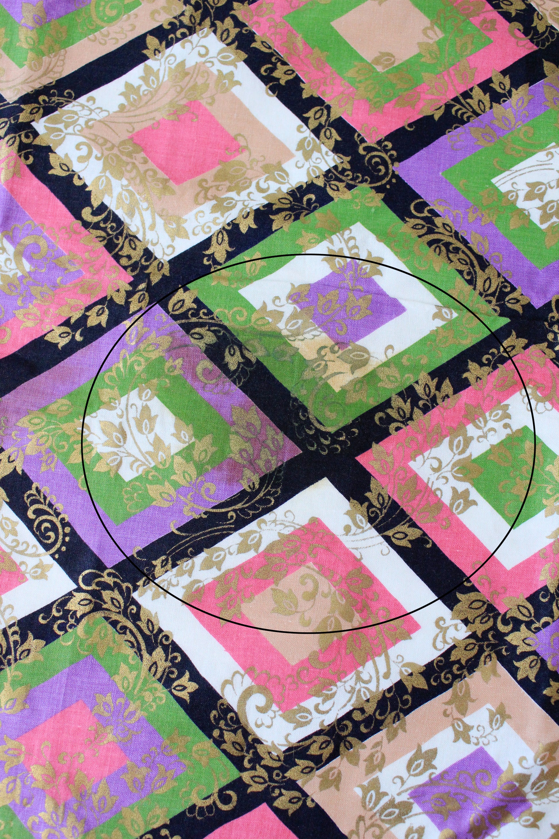 1960s Colourful Geometric Diamond Print Fabric Pink/Green/Purple, 1.6 Yards / 4.1 Yards