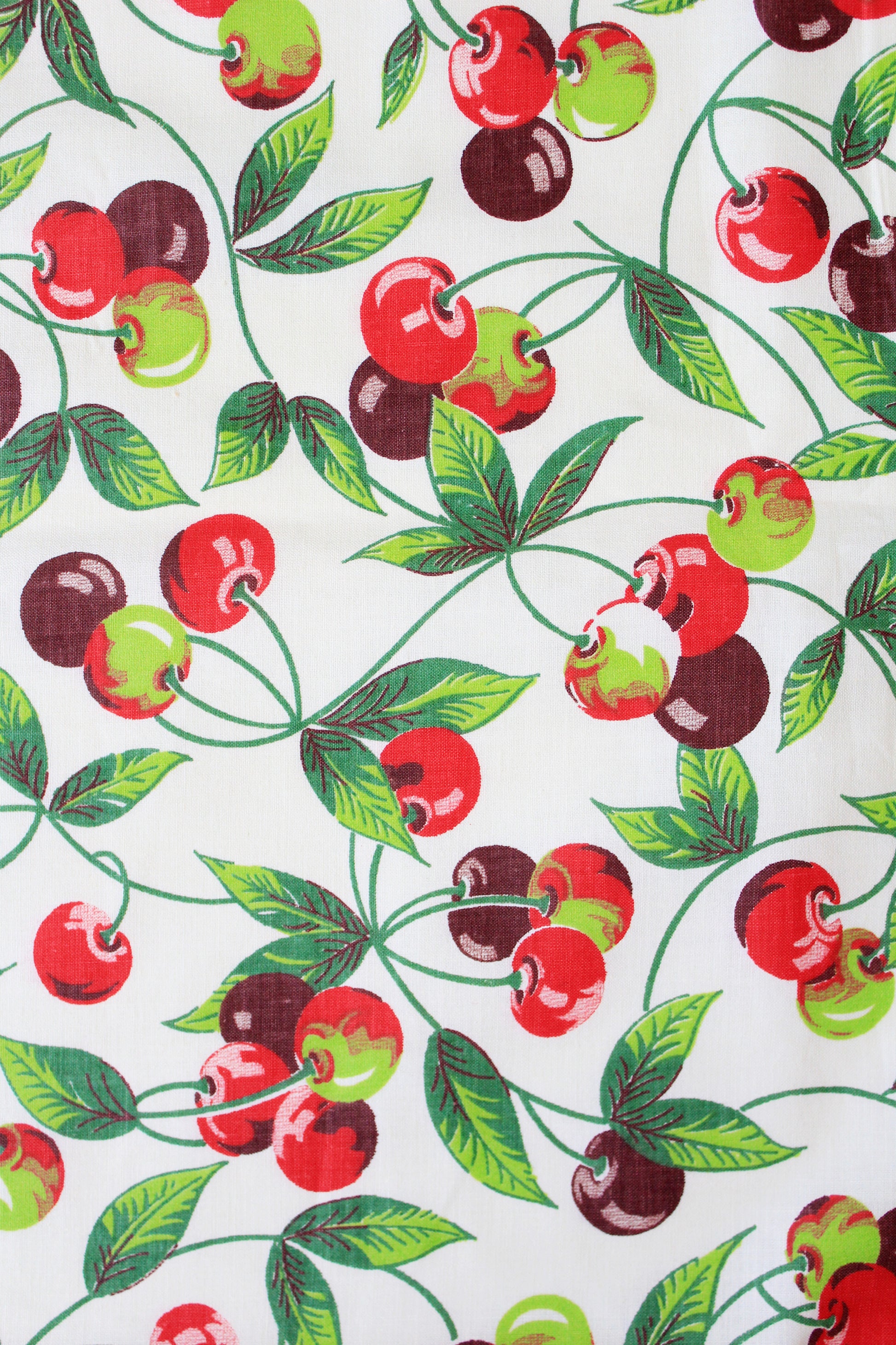 1950s Novelty Red And Burgundy Cherry Fruit Print Cotton Vintage Fabric, 5.1 Yards