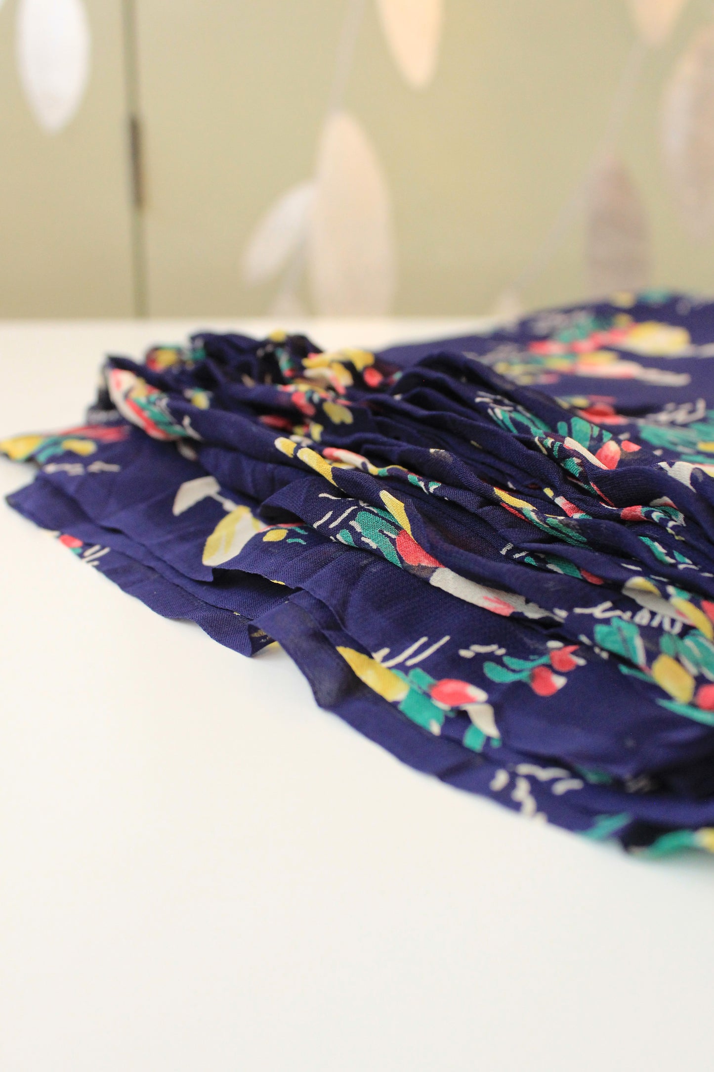 1940s Blue Sheer Fabric With Tulips And Victorian Ladies, Rayon Fabric, 3.8 Yards