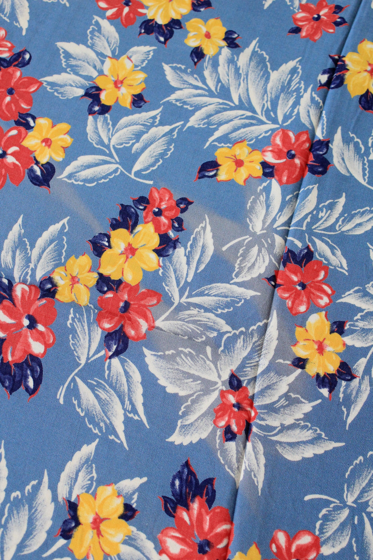 1940s Light Blue Rayon Fabric With Red And Yellow Tropical Flowers, 6.5 Yards