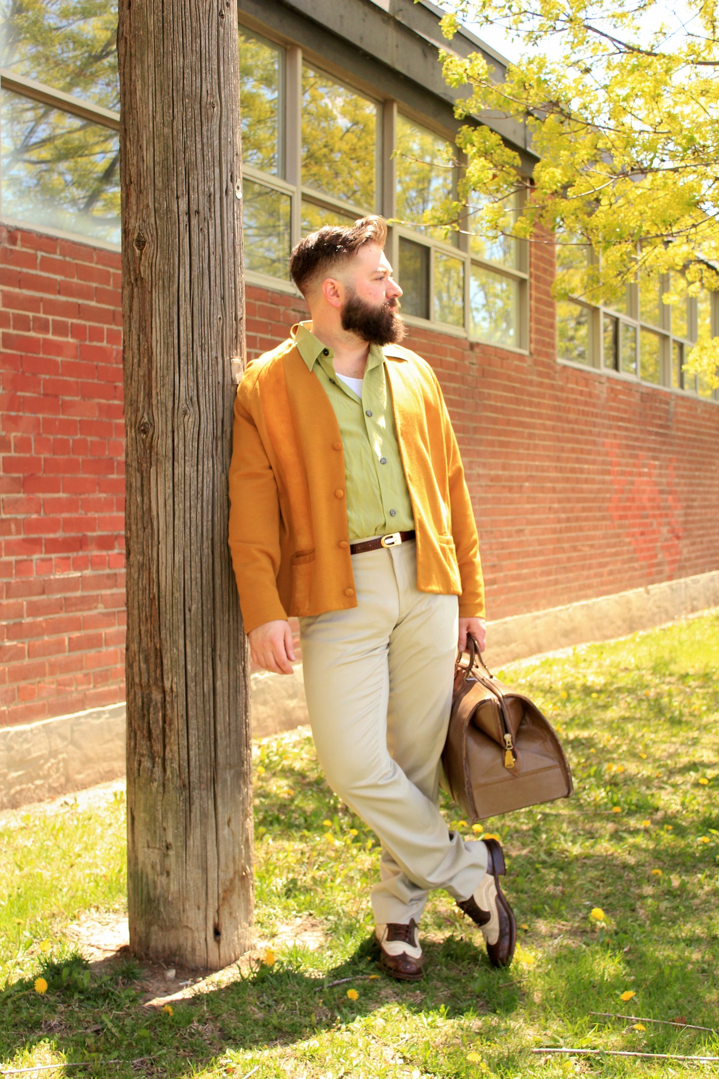 Vintage 1960s Men's Mustard Yellow Suede Panel Wool Cardigan, L/XL