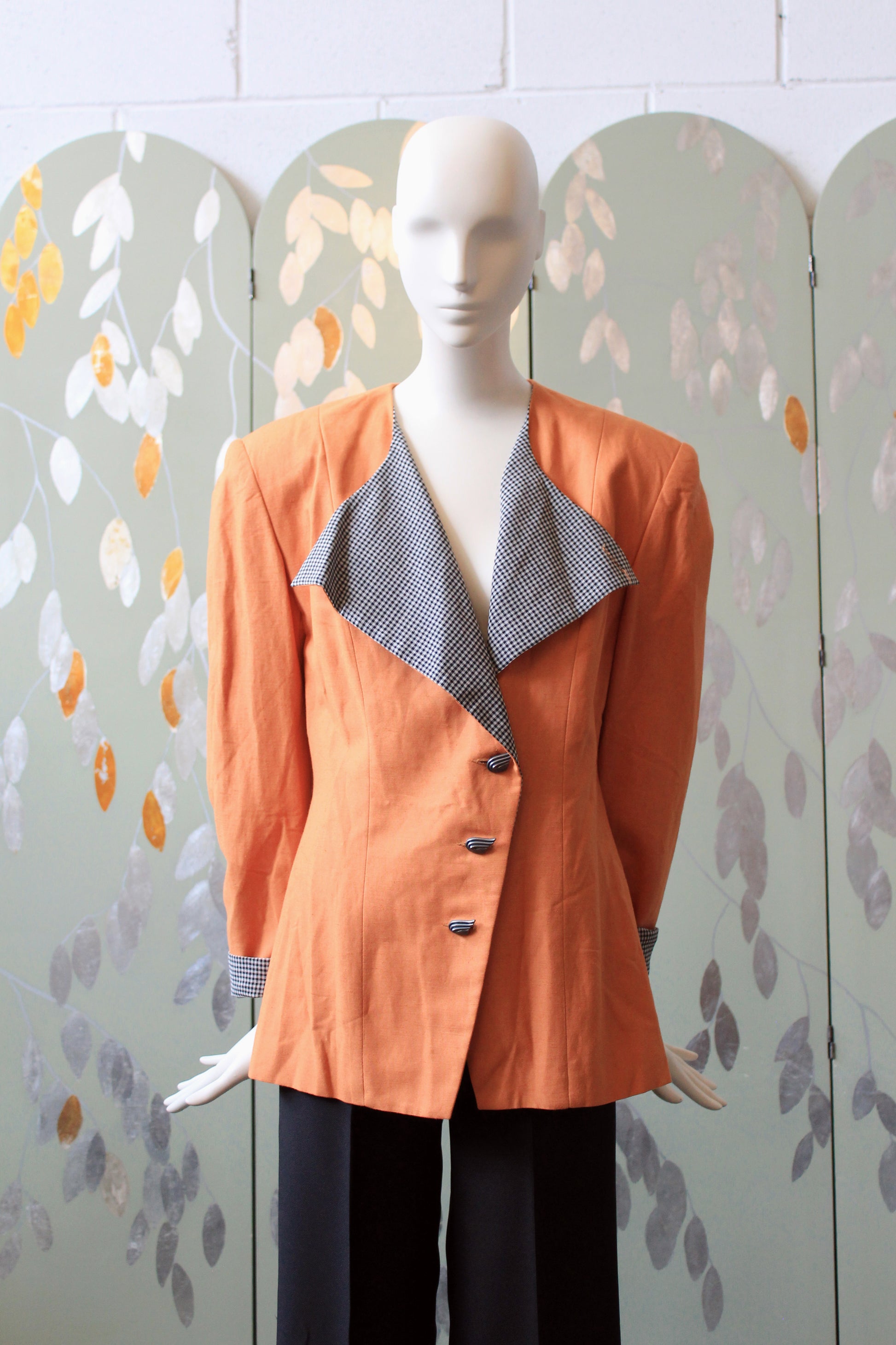 1980s Orange With Black And White Gingham Lapel Blazer With Diagonal Closure, Large