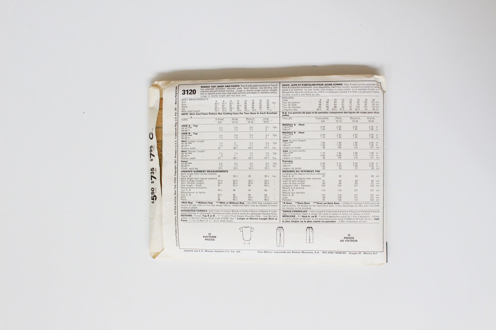 1980s Beginner Top, Skirt And Pants 3120 Sewing Pattern, Cut Complete Size 18-20, Large