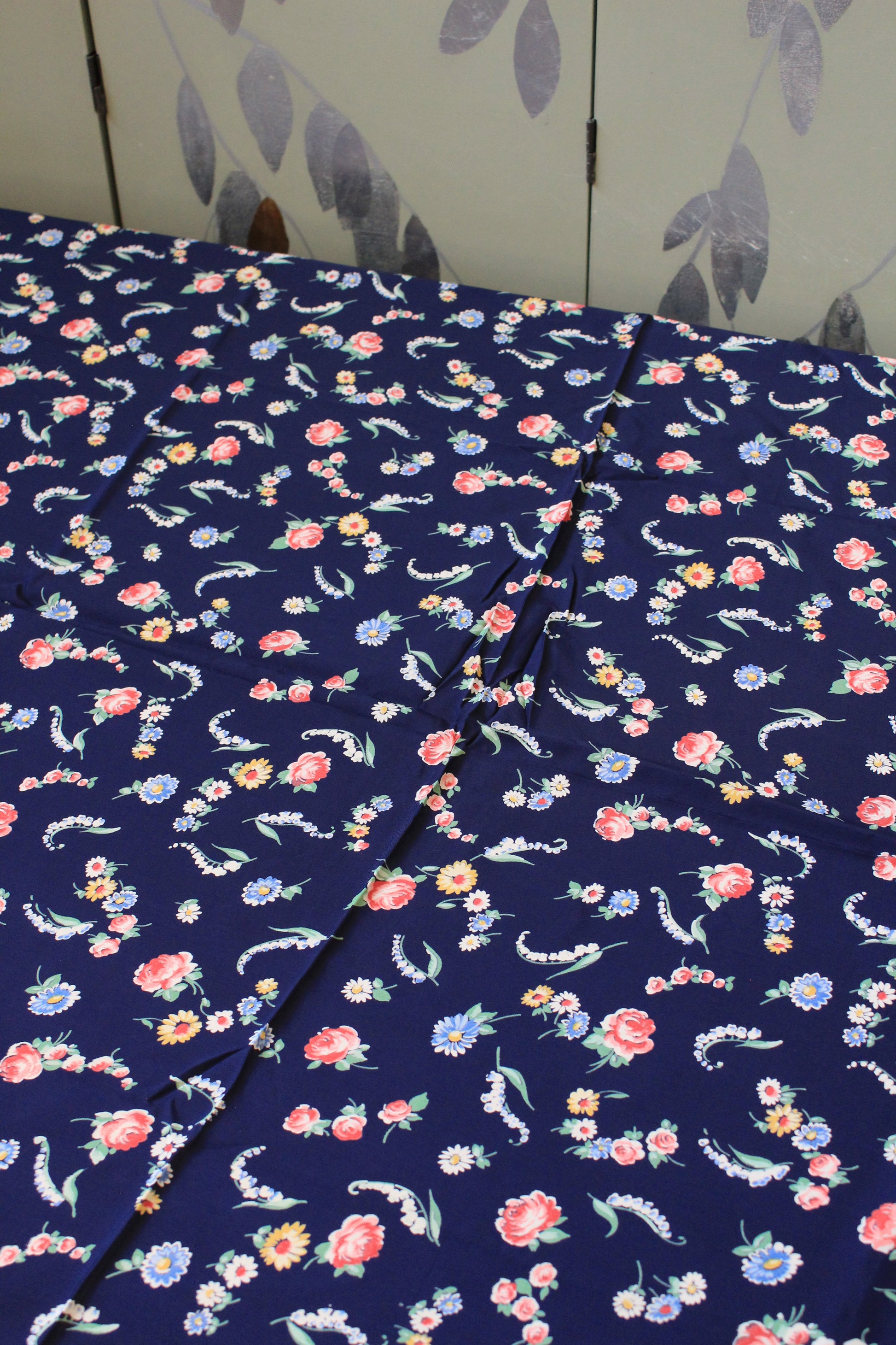 1940s Blue With Multi-Coloured Flowers Rayon Fabric, 2.5 Yards