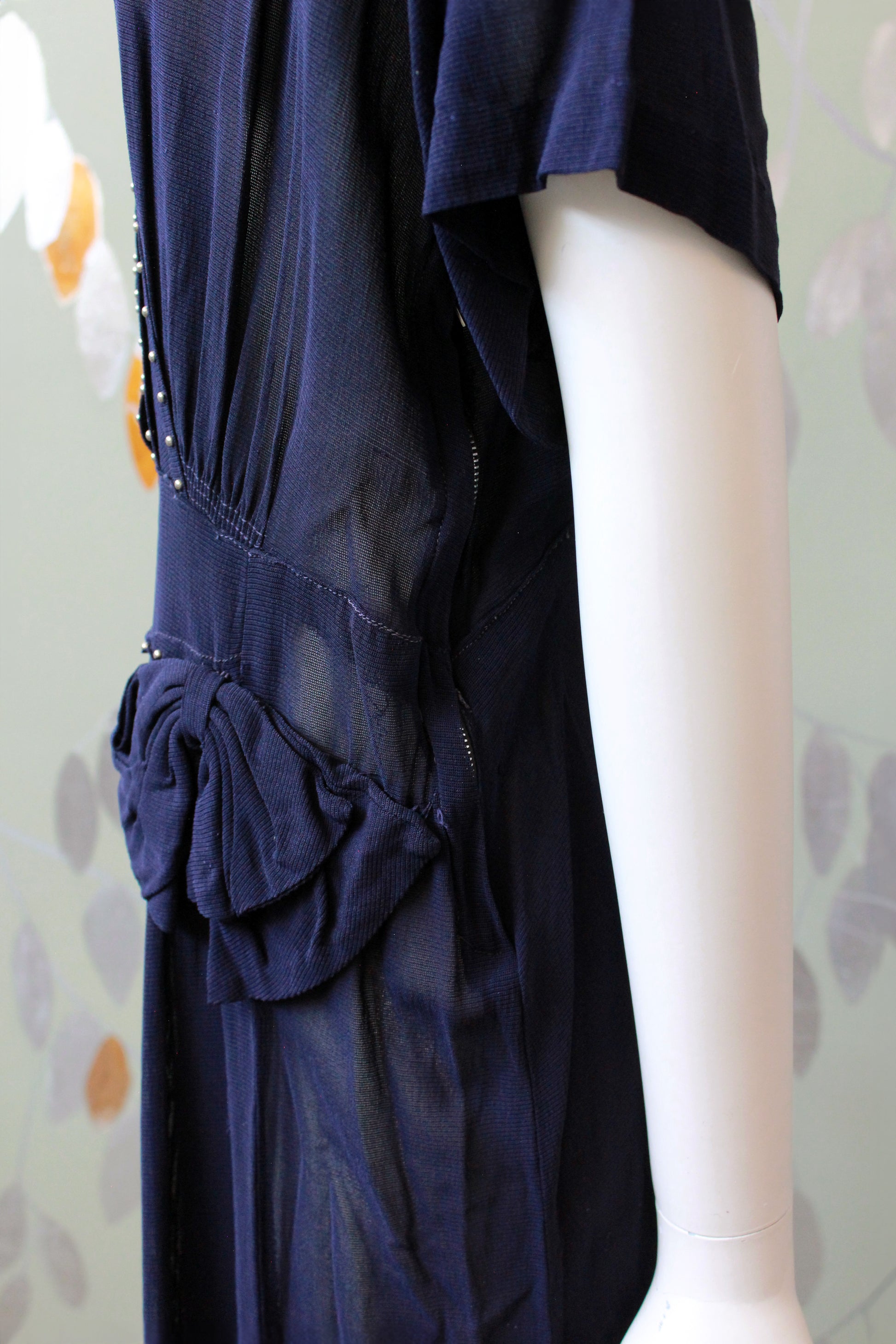 1940s Navy Blue Sheer Net Dress With Bow And Round Studs, Medium