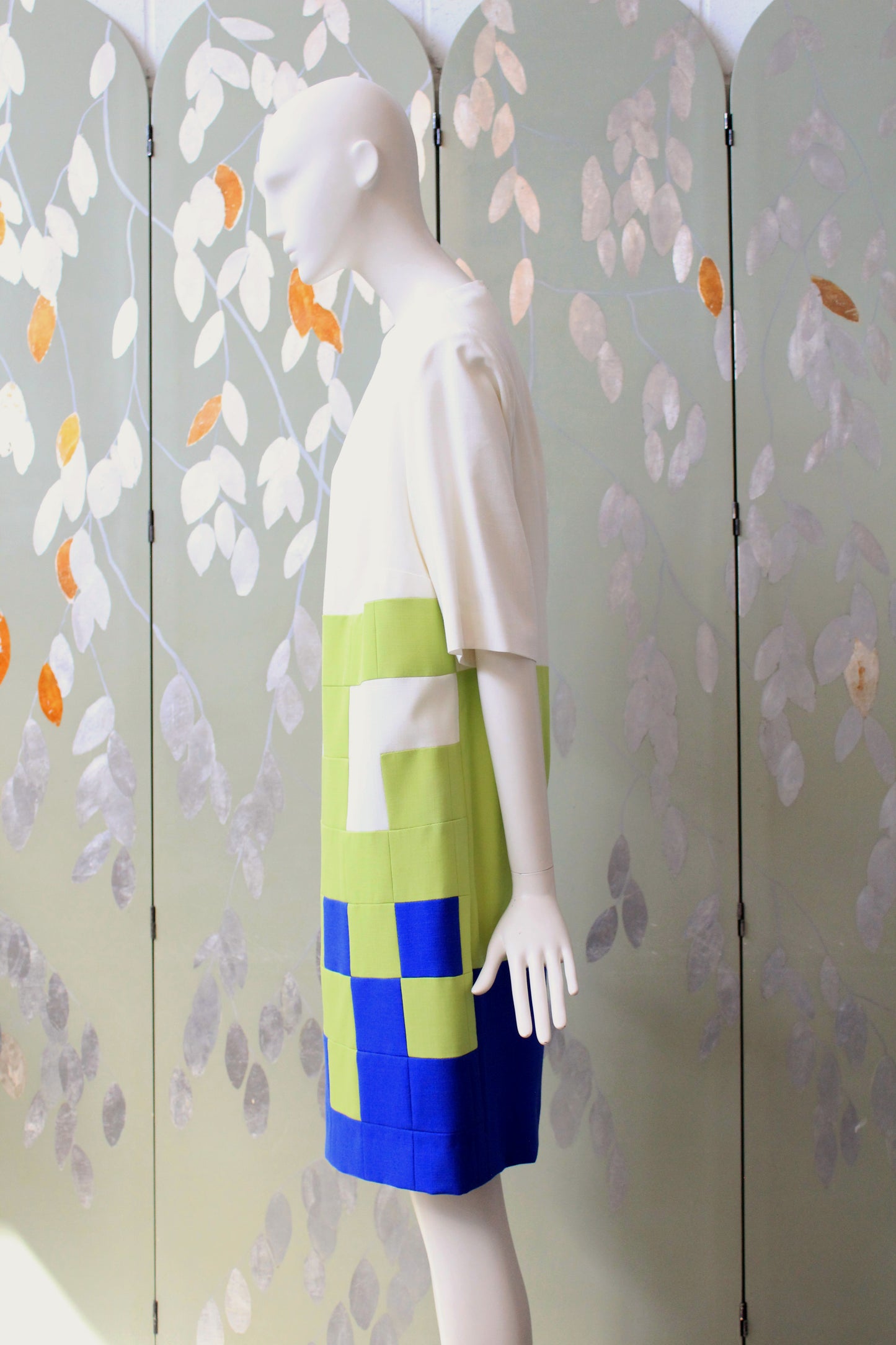 1980s Green and Blue Geometric Colour Block Shift Dress, Medium