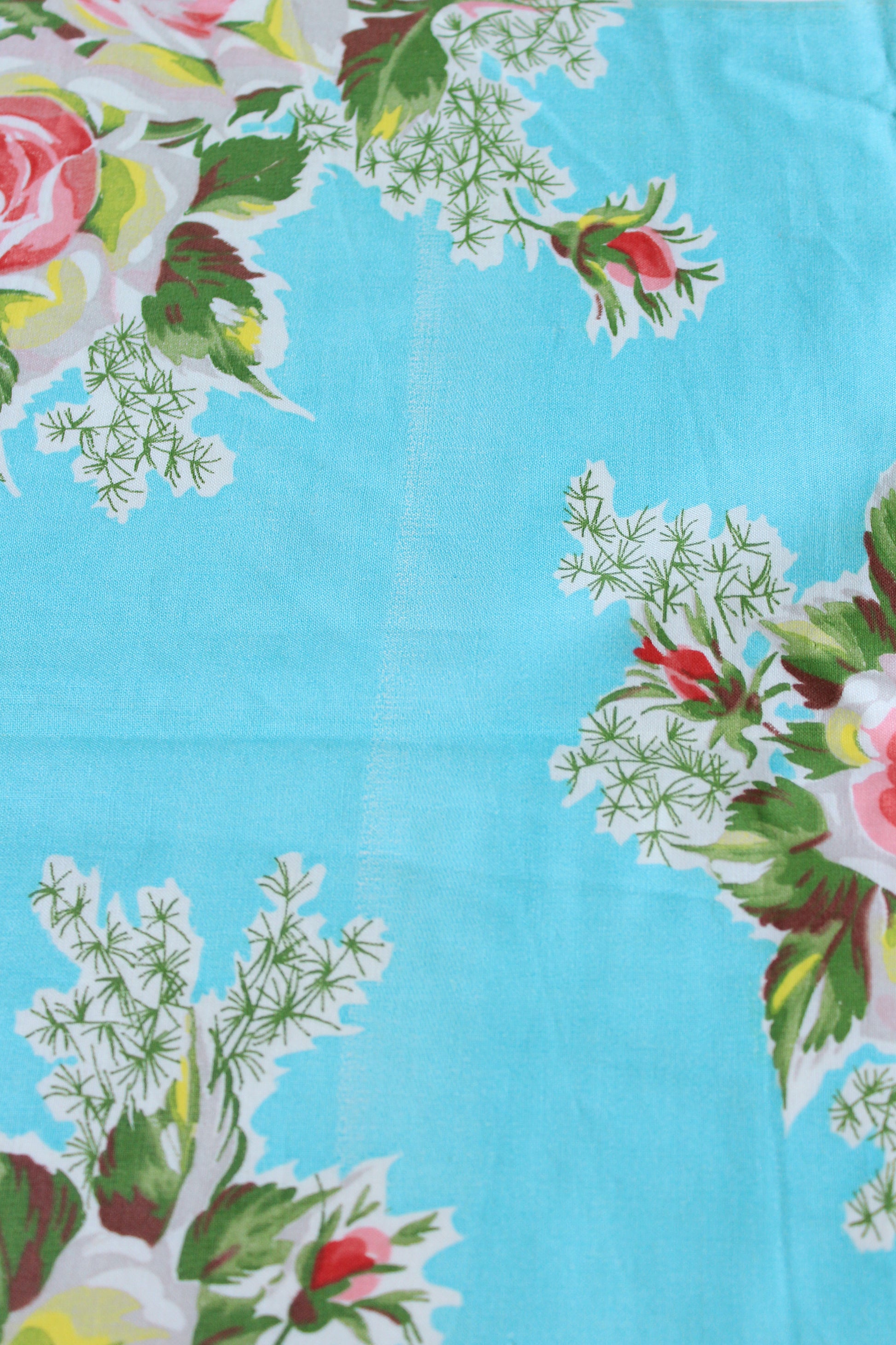1950s Bright Blue And Romantic Illustrated Floral Cotton Fabric, 3.9 Yards