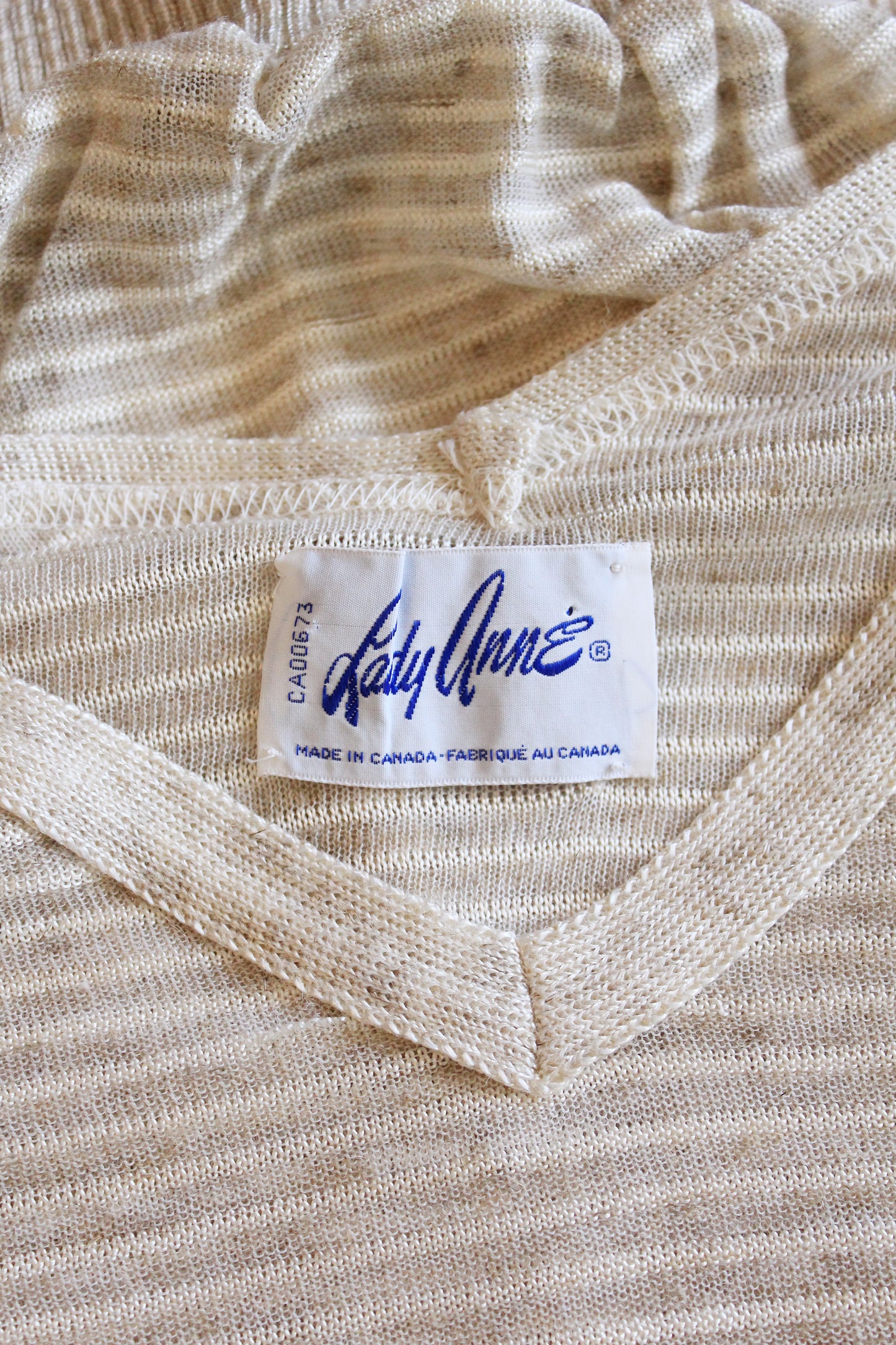 1980s Cream And White  Deadstock Short Sleeve Knit Top With Pin stripes, Medium