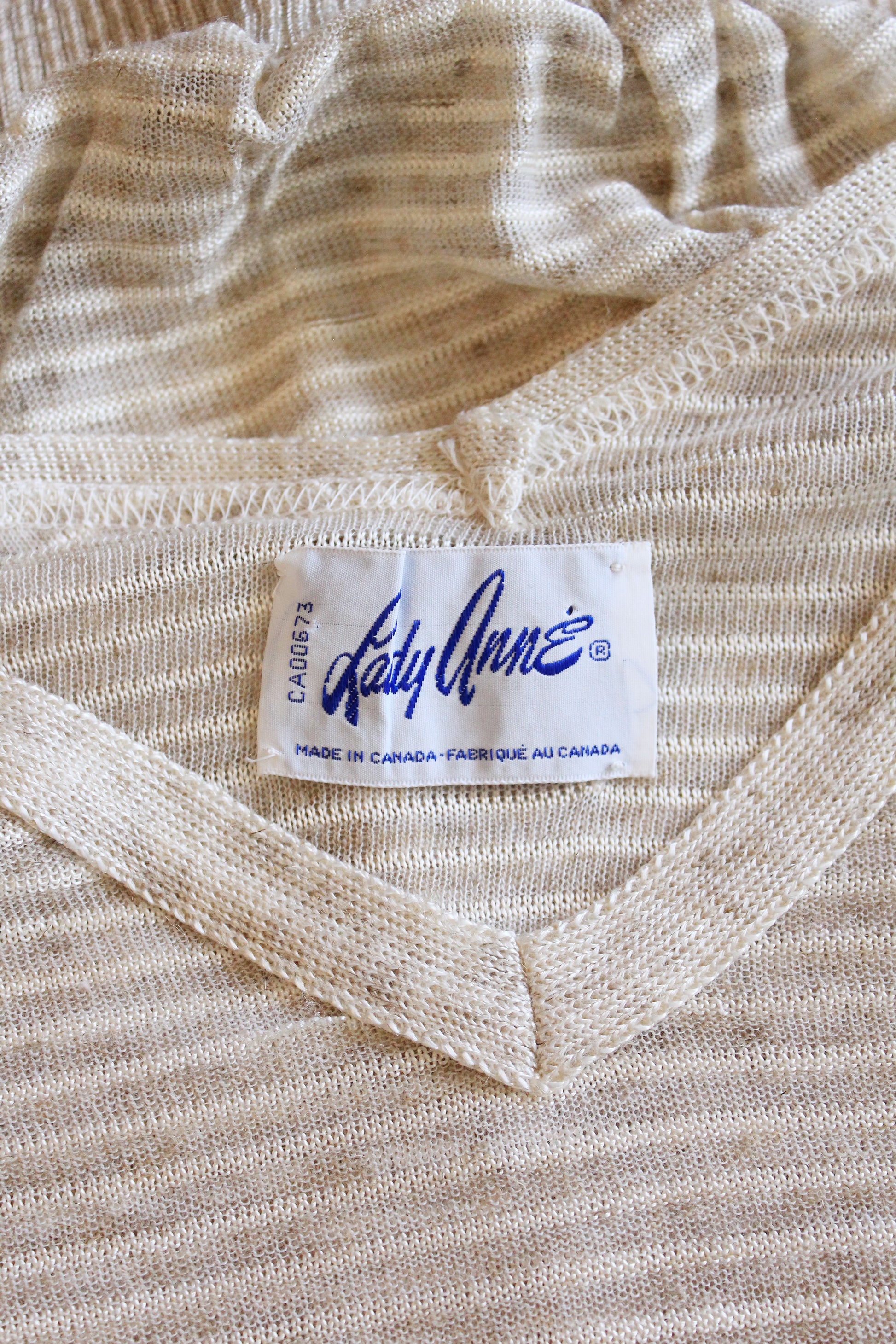 1980s Cream And White  Deadstock Short Sleeve Knit Top With Pin stripes, Medium