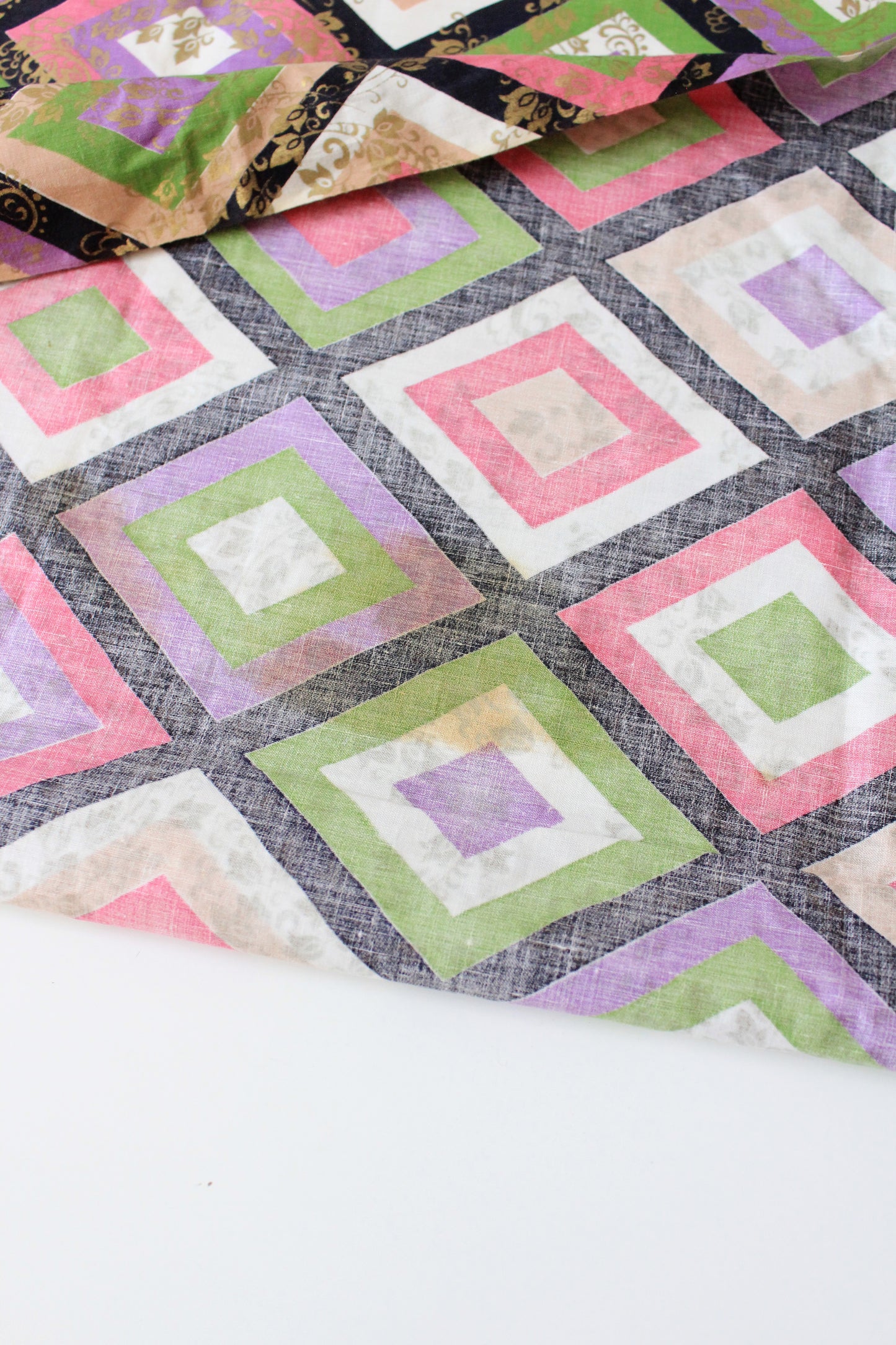 1960s Colourful Geometric Diamond Print Fabric Pink/Green/Purple, 1.6 Yards / 4.1 Yards