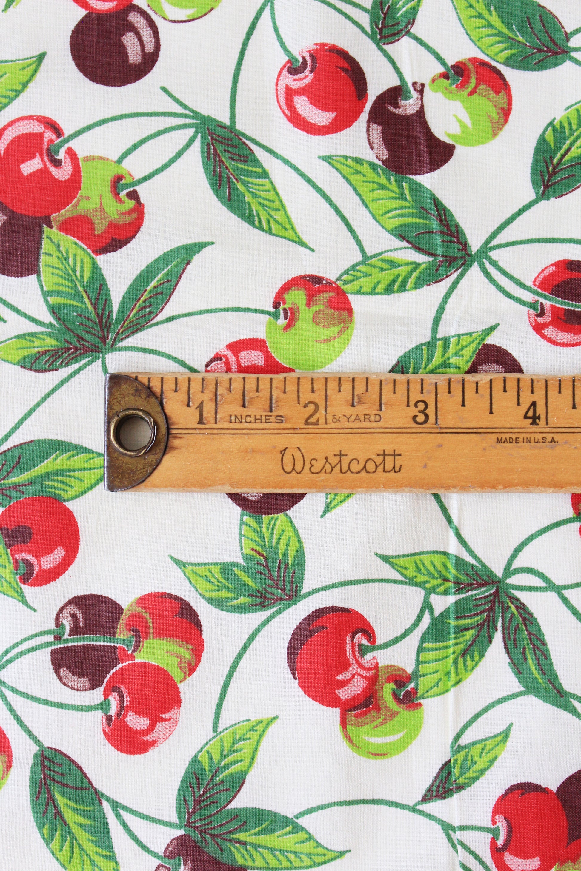 1950s Novelty Red And Burgundy Cherry Fruit Print Cotton Vintage Fabric, 5.1 Yards