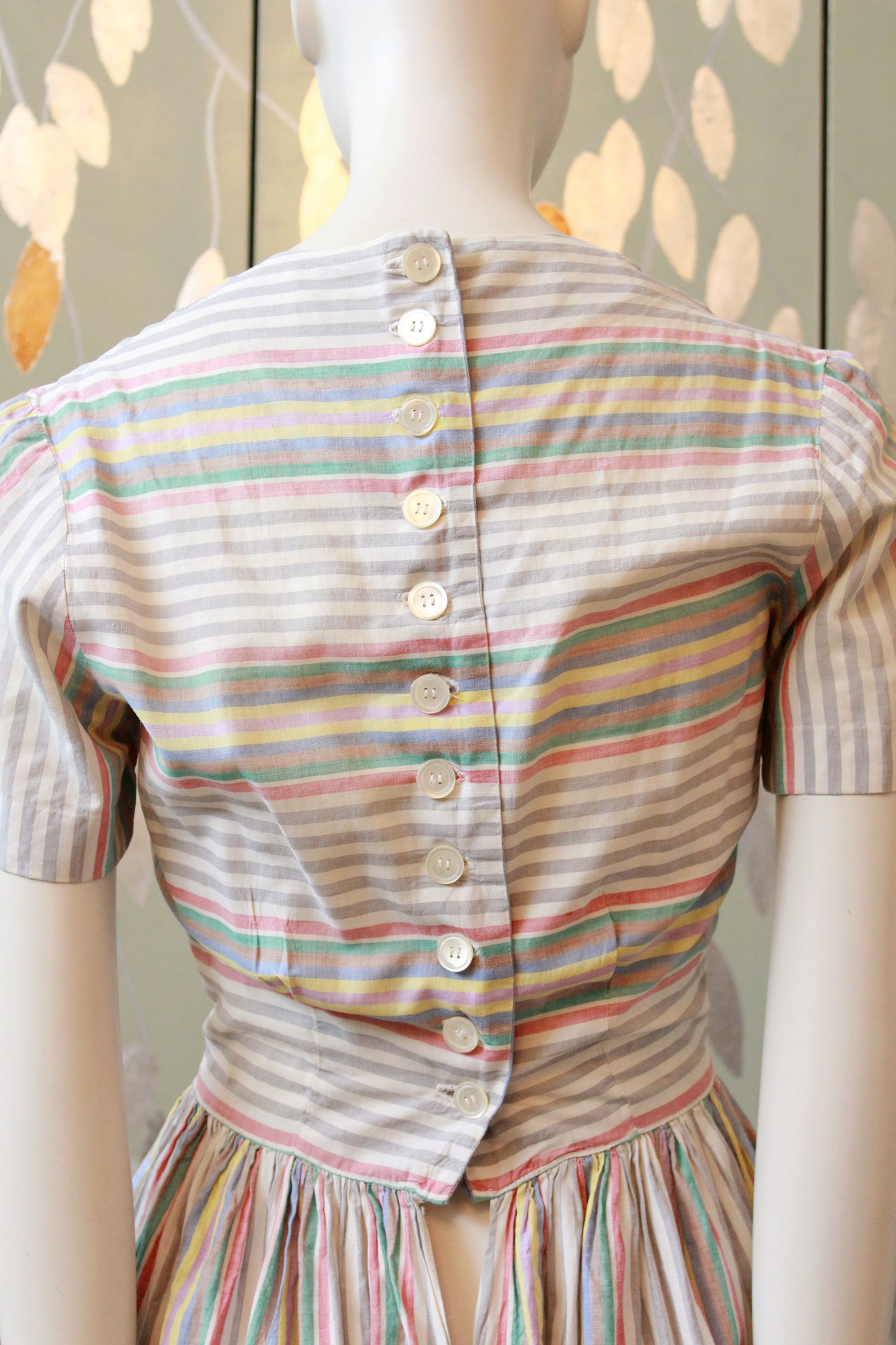 1940s Grey And White With Multicoloured Stripes Short Sleeve Cotton Dress