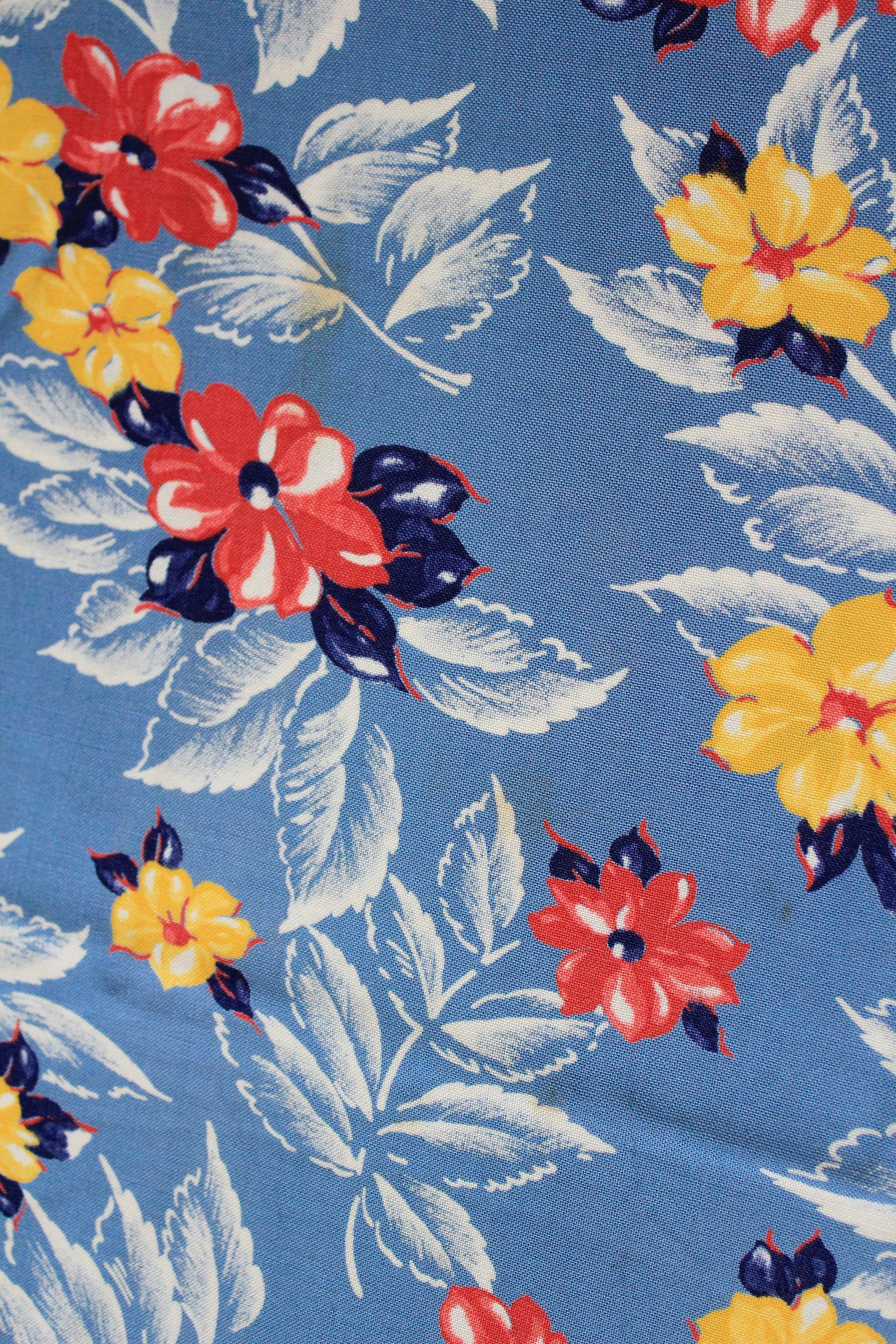 1940s Light Blue Rayon Fabric With Red And Yellow Tropical Flowers, 6.5 Yards
