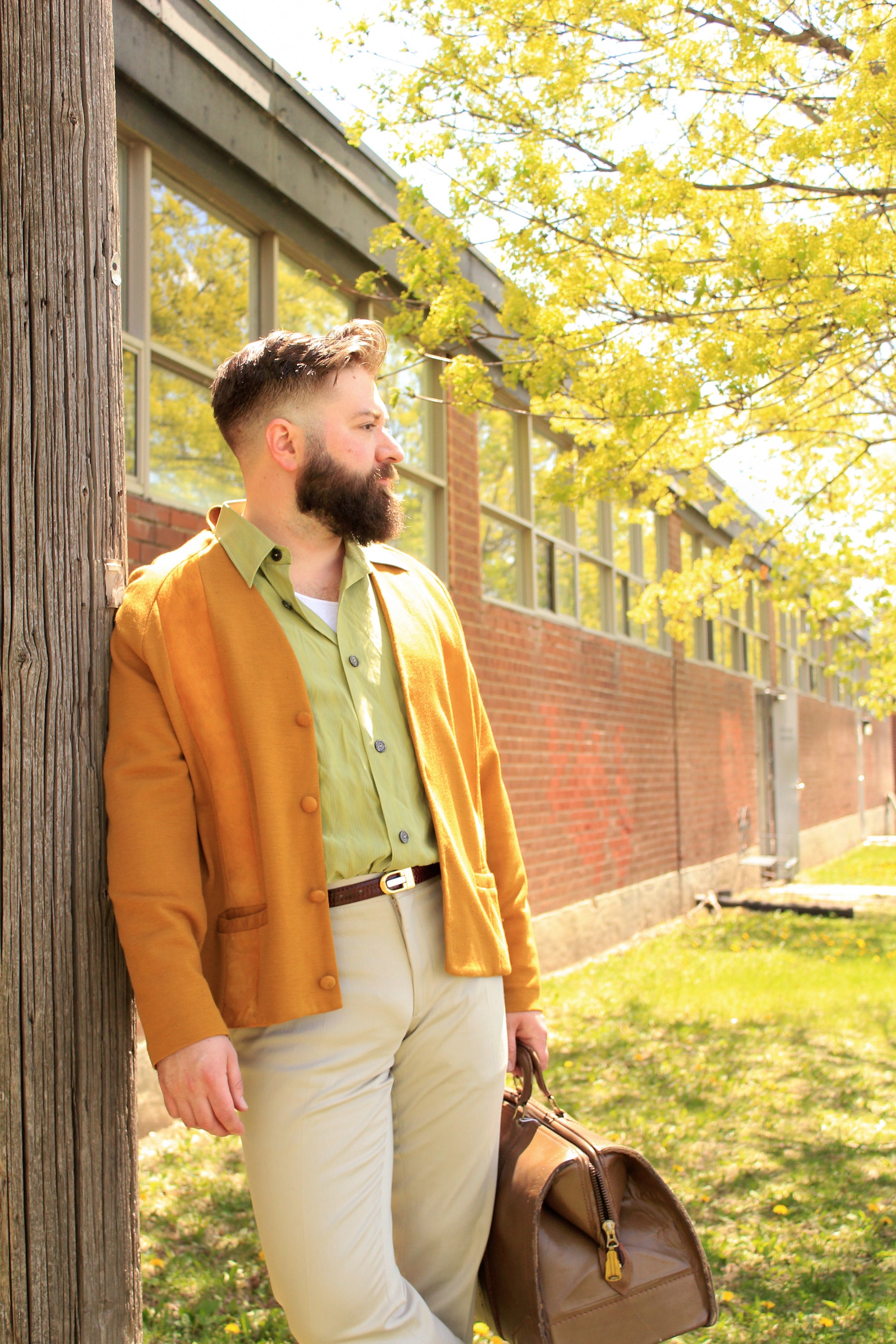 Vintage 1960s Men's Mustard Yellow Suede Panel Wool Cardigan, L/XL
