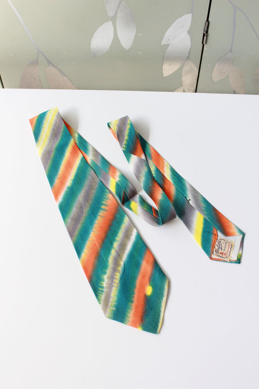 Vintage 1950s Neon Teal Orange And Yellow Striped Hand Painted Tie