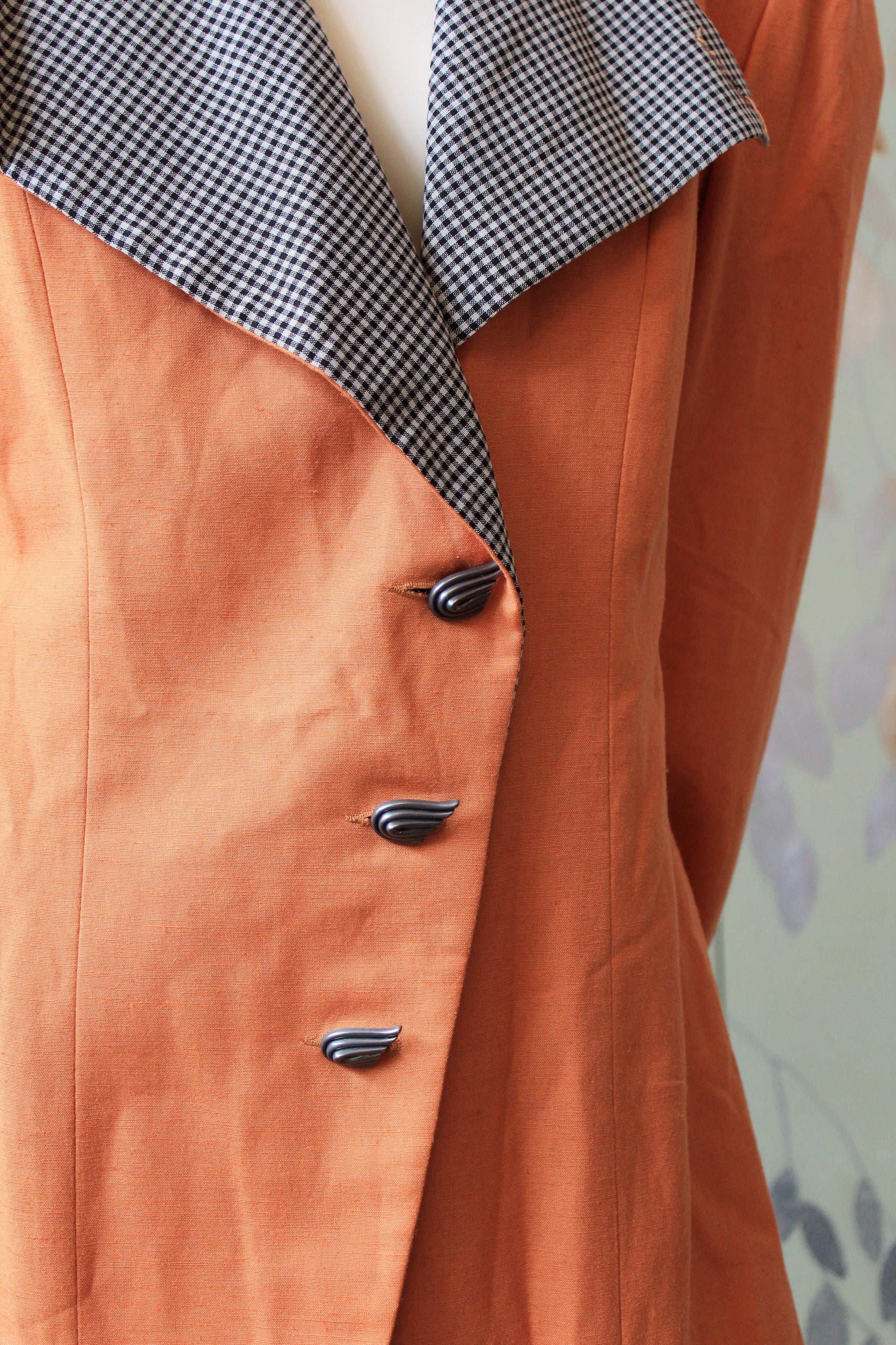 1980s Orange With Black And White Gingham Lapel Blazer With Diagonal Closure, Large