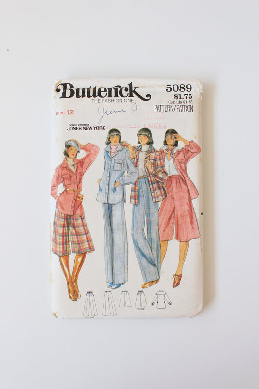 1970s Shirt-Jacket and Culotte Pants Butterick 5089 Sewing Pattern, Partially Cut, Size 12