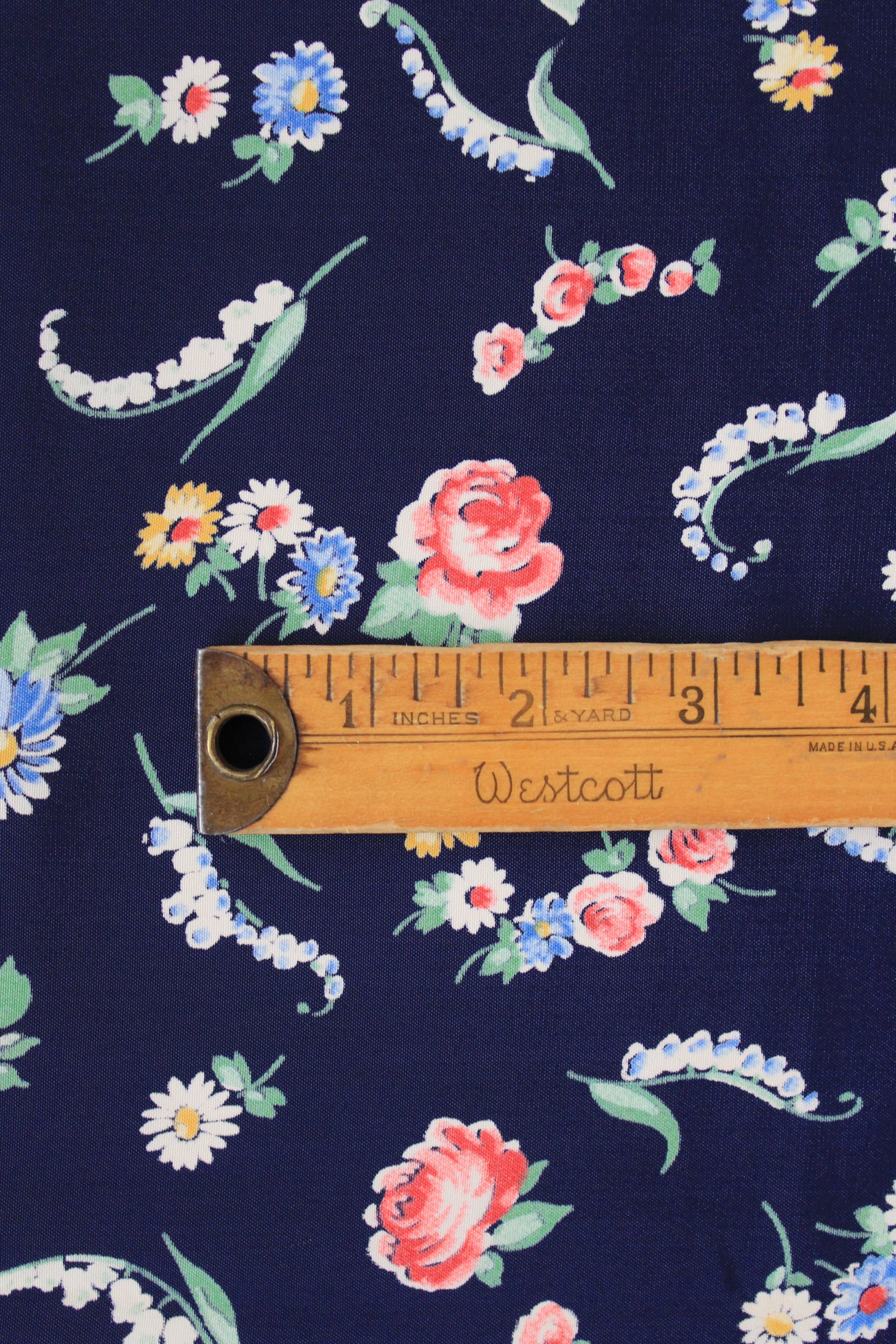 1940s Blue With Multi-Coloured Flowers Rayon Fabric, 2.5 Yards