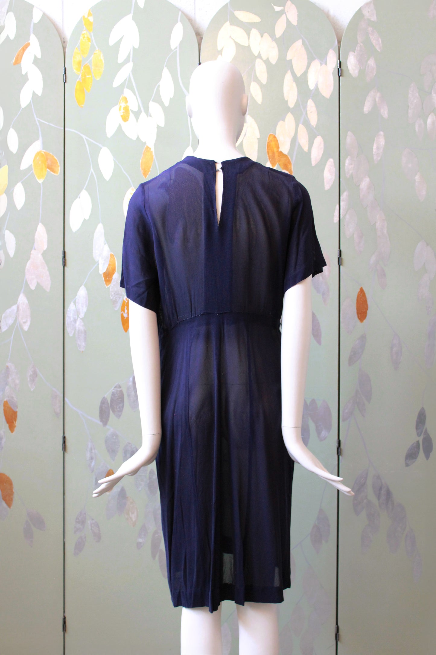 1940s Navy Blue Sheer Net Dress With Bow And Round Studs, Medium