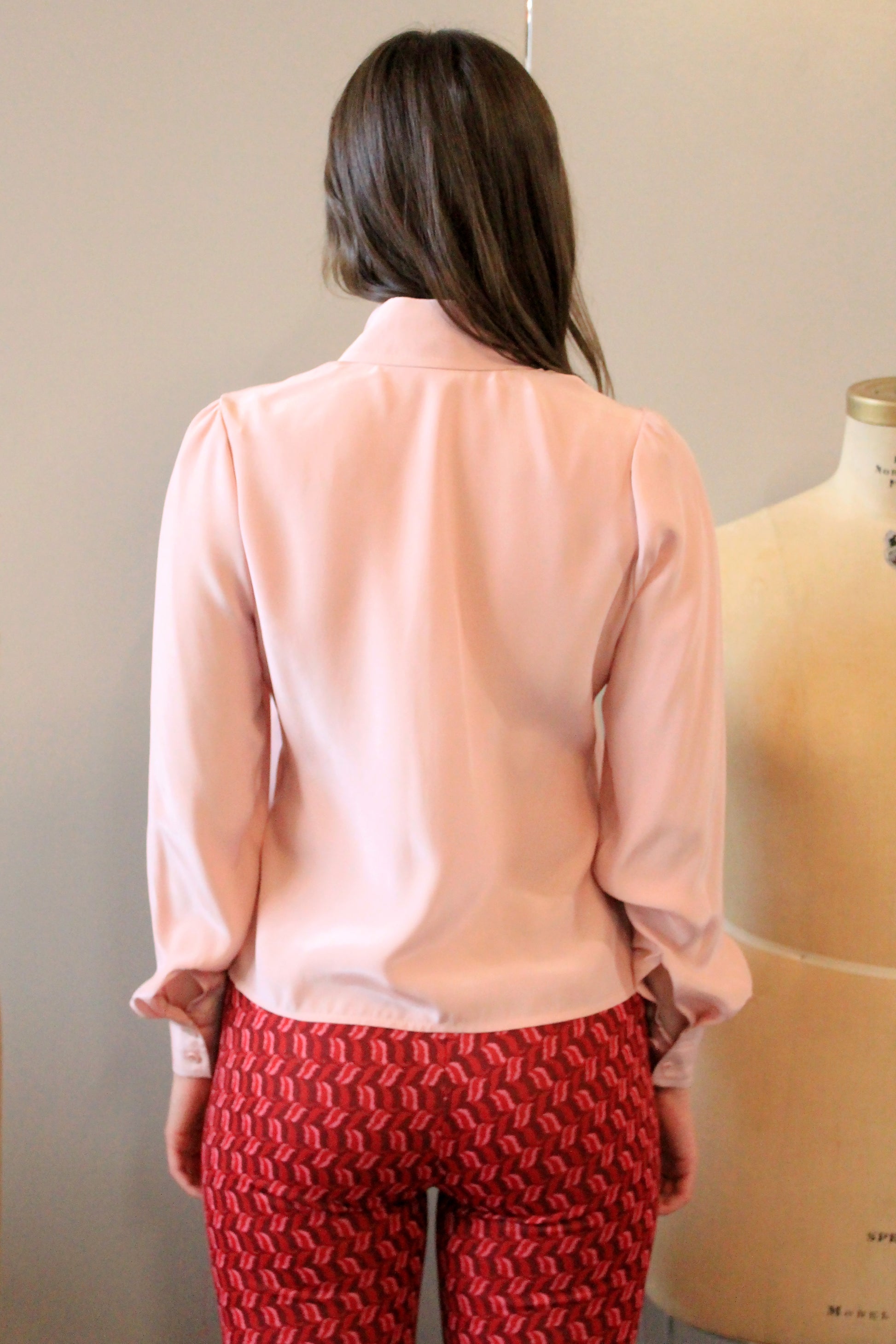 Reproduction 1970s Dusty Rose Pink Long Sleeve Silk Blouse, Medium