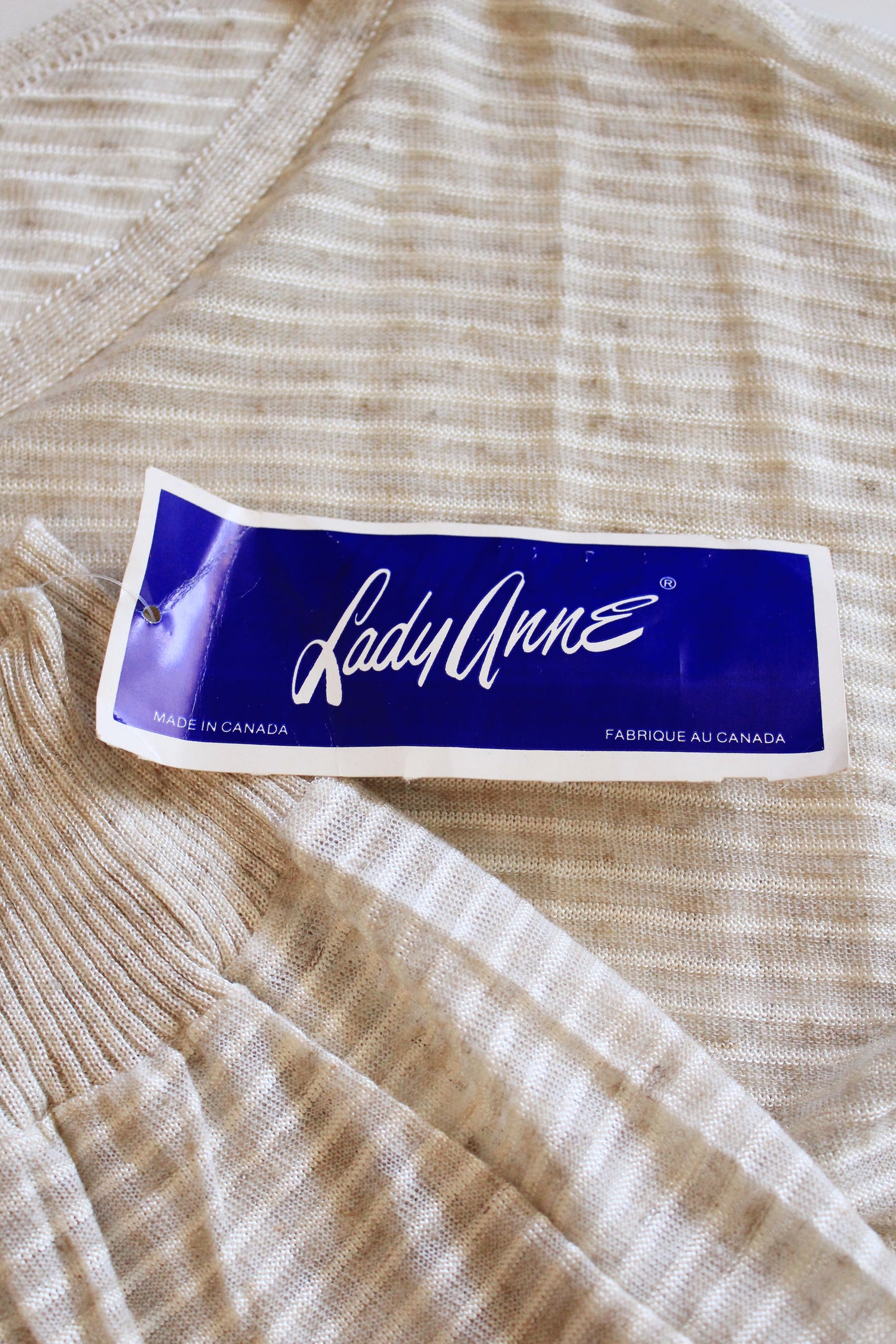 1980s Cream And White  Deadstock Short Sleeve Knit Top With Pin stripes, Medium