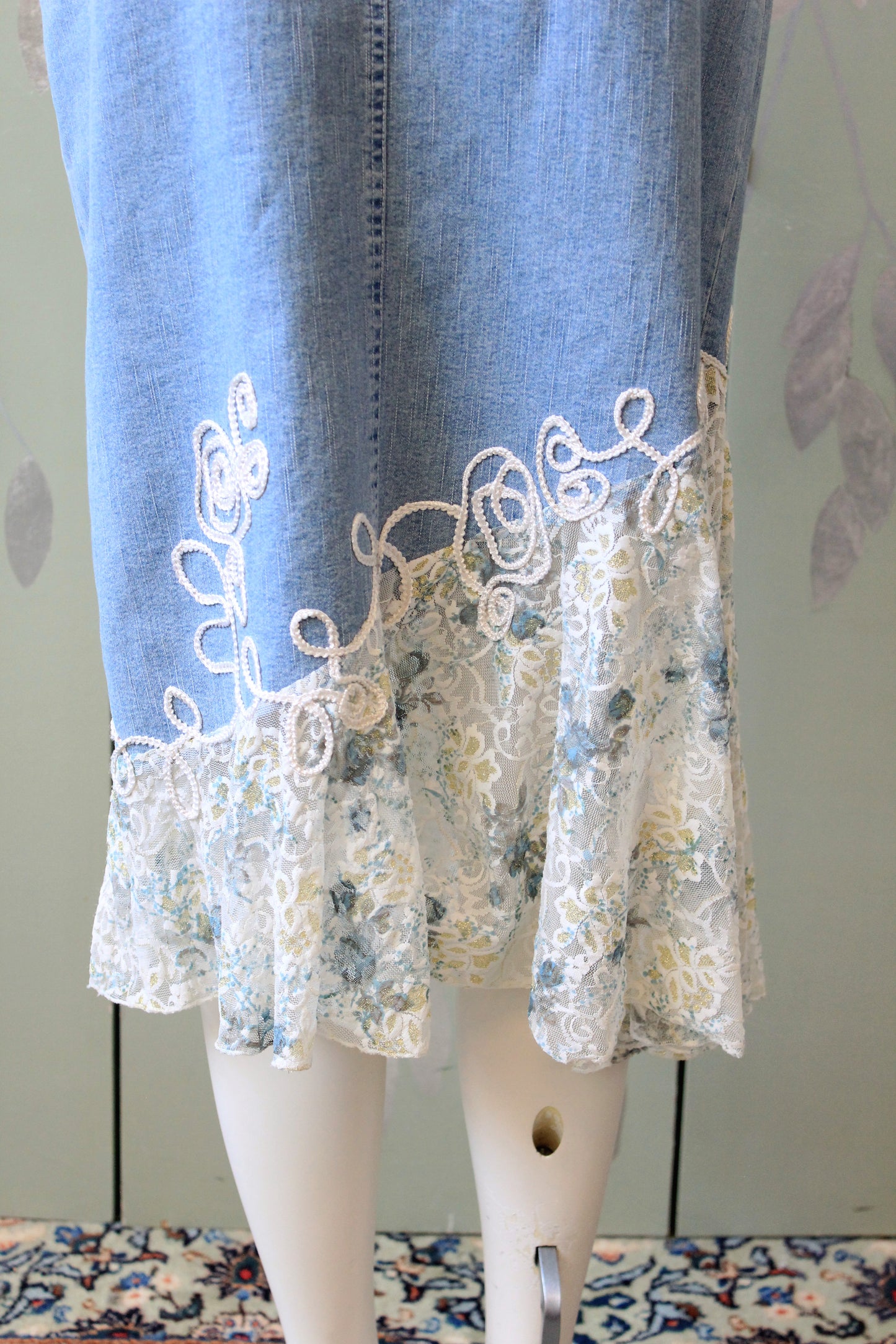 Early 2000s Denim and White Lace Skirt Matching Set, Medium 