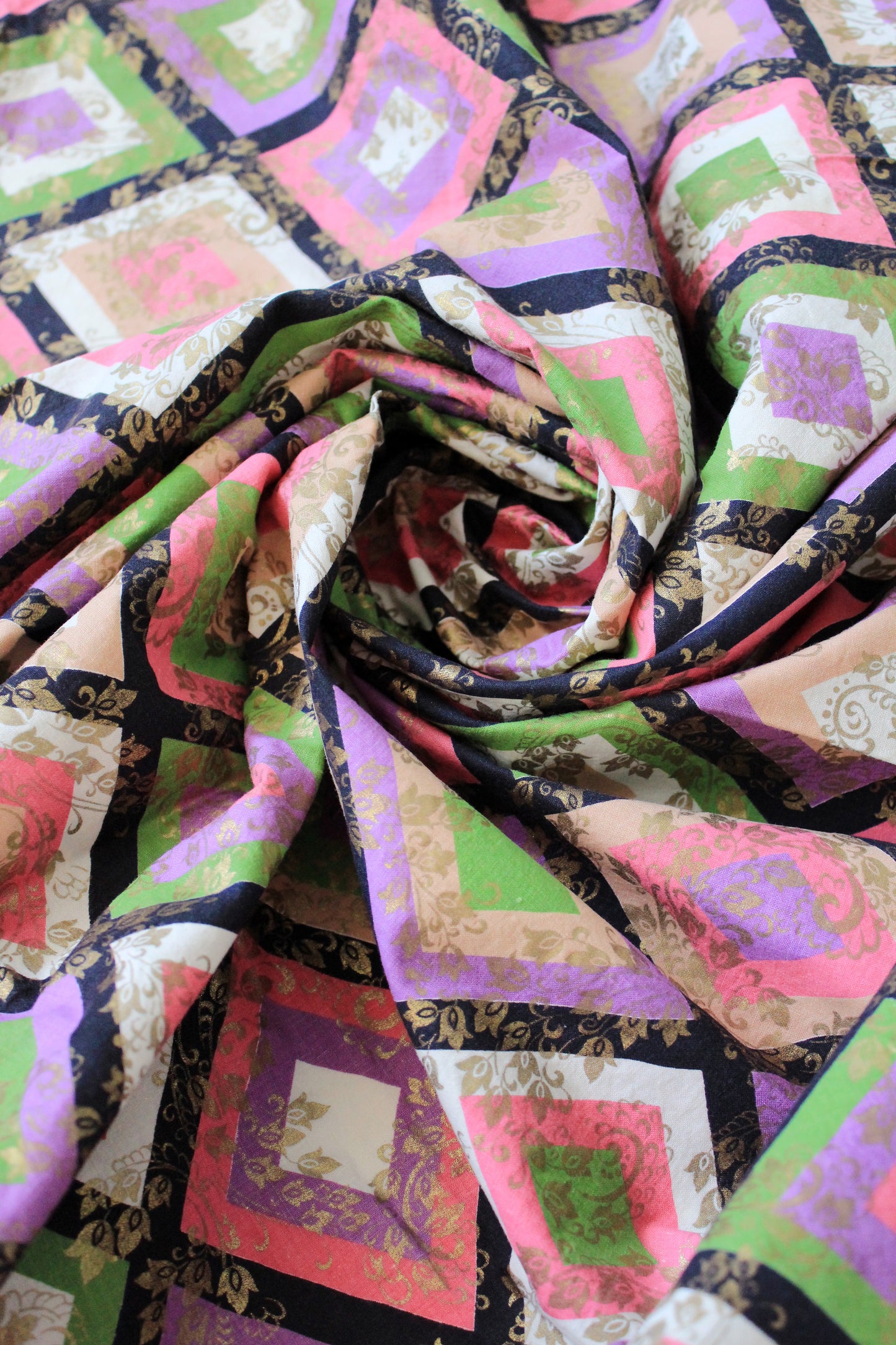 1960s Colourful Geometric Diamond Print Fabric Pink/Green/Purple, 1.6 Yards / 4.1 Yards