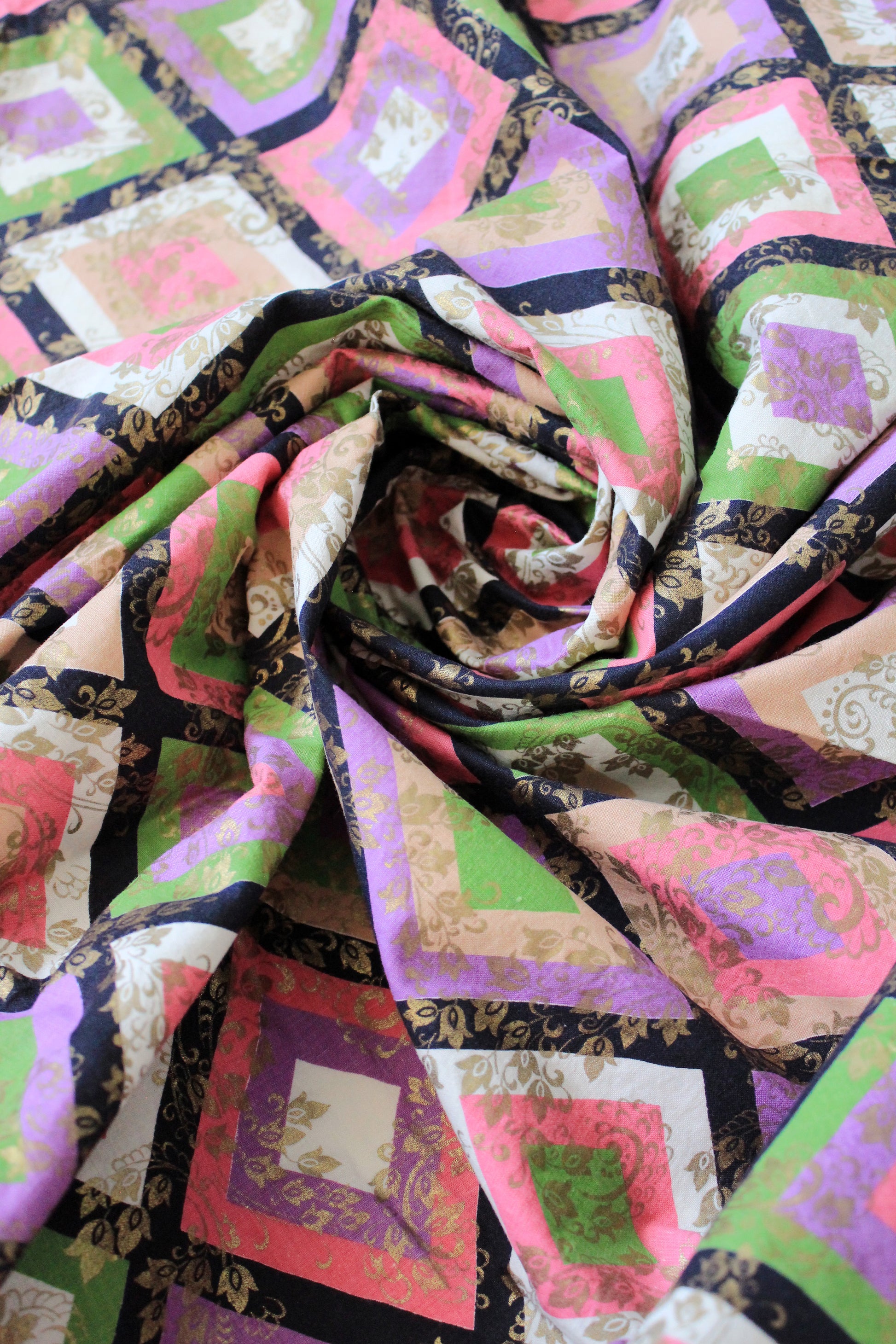 1960s Colourful Geometric Diamond Print Fabric Pink/Green/Purple, 1.6 Yards / 4.1 Yards