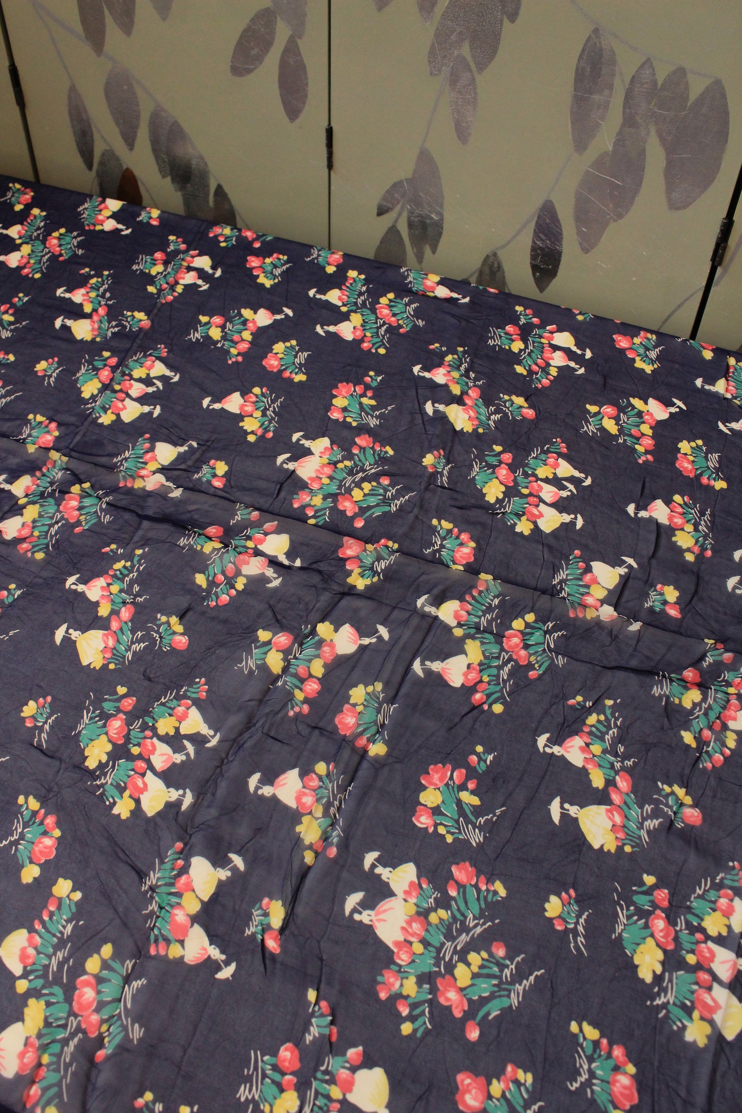 1940s Blue Sheer Fabric With Tulips And Victorian Ladies, Rayon Fabric, 3.8 Yards