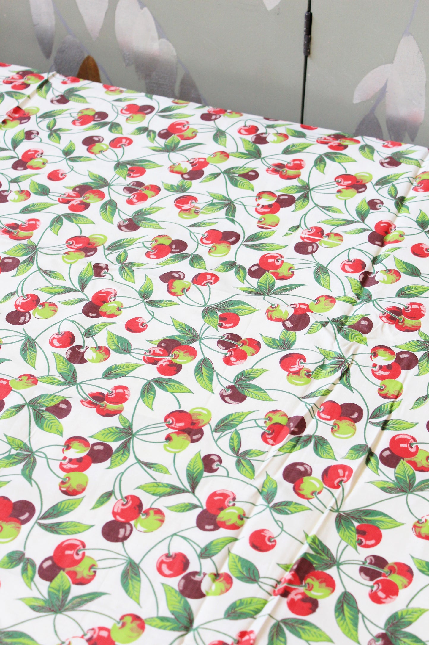 1950s Novelty Red And Burgundy Cherry Fruit Print Cotton Vintage Fabric, 5.1 Yards